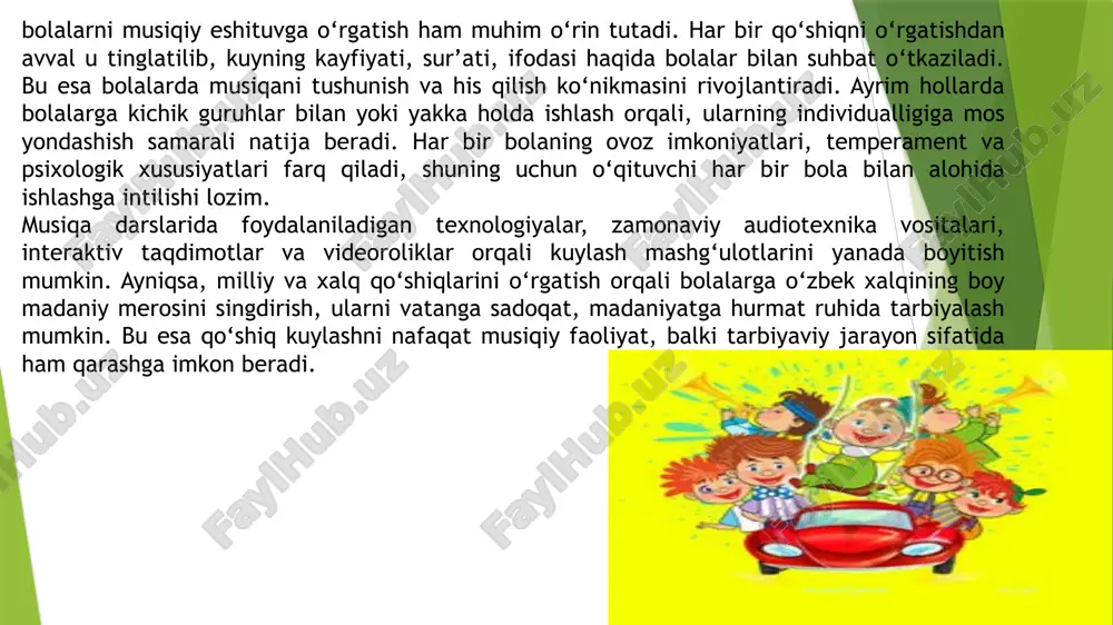 bir misra, so‘z birikmasi yoki musiqiy fraza alohida-alohida o‘rganiladi. har bir bo‘lak alohida kuylab chiqilib, so‘ngra ularning barchasi birlashtiriladi. bu usul bolalarning qo‘shiqni chuqurroq tushunishiga, har bir qismini aniq yod olishiga yordam beradi. shu bilan birga, matnni ifodali aytishga va musiqiy ohangda kuylashga ham katta e’tibor qaratiladi. o‘yinli metodlar — bu bolalar uchun eng sevimli va samarali yondashuvlardan biridir. qo‘shiqni o‘rganish jarayonida musiqiy o‘yinlardan foydalanish, turli harakatlar, klapancha, qo‘g‘irchoqlar, obrazli harakatlar, pantomimalar yordamida qo‘shiq mazmunini gavdalantirish bolalarning darsga bo‘lgan qiziqishini oshiradi. masalan, “qushcha uchib ketdi”, “yomg‘ir yog‘yapti”, “quvnoq bolajonlar raqsga tushmoqda” kabi obrazli holatlarni musiqiy harakat bilan ifodalash orqali bolalar qo‘shiqni yanada jonli, tabiiy tarzda o‘zlashtiradilar. vizual metodlar ham keng qo‘llaniladi. bolalar ko‘rgazmali vositalar yordamida — rasm, slayd, video, musiqa asboblari, rangli kartochkalar orqali qo‘shiqning mazmuni, ritmi va xarakterini yaxshiroq anglab oladilar. masalan, “bahor keldi” qo‘shig‘ini o‘rganayotganda bahor manzaralari tushirilgan rasmlar ko‘rsatilsa, bolalarda musiqiy obrazlar haqida aniq tasavvur shakllanadi. tashkiliy-pedagogik …