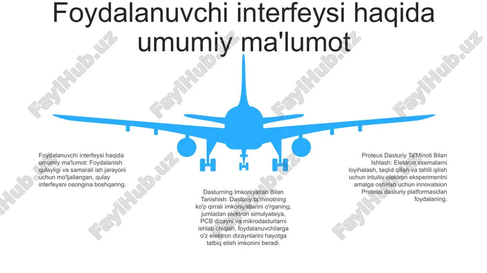 ining turli jihatlarini, jumladan kuchlanish darajalari, oqim oqimi va komponentlarning o'zaro ta'sirini simulyatsiya qilishi mumkin dizaynni tekshirish proteus dasturiy ta'minoti bilan ishlash:proteus intuitiv foydalanuvchi interfeysiga ega bo'lib, sxemalarni yaratish, pcblarni loyihalash va modellarni simulyatsiya qilishni osonlashtiradi. foydalanuvchilar sxemalarni tasavvur qilishlari, komponentlarni sudrab olib tashlashlari va natijalarni tahlil qilishlari mumkin. dizaynni tekshirish: proteus sxemalarni simulyatsiya qilish va chiqishlarni tahlil qilish orqali dizaynlarni tekshirishga yordam beradi. muhandislar komponentlarning o'zaro ta'sirini sinab ko'rishlari, xatolarni aniqlashlari va ishlashni optimallashtirishlari mumkin. dasturning imkoniyatlari bilan tanishish:proteus simulyatsiya imkoniyatlarini taklif etadi, jumladan spice tahlili, vaqtinchalik tahlil va chastota tahlili. shuningdek, u muhandislarga o'z dizaynlarini to'liq o'rganish imkonini beruvchi komponentlar, virtual asboblar va o'lchov vositalarining to'liq kutubxonasini o'z ichiga oladi. muammolarni bartaraf qilish; nosozliklarni tuzatish proteus design suite asoslari:- dastur interfeysi, vositalari va funksiyalari bilan tanishing. dasturiy ta'minot imkoniyatlari: - elektron dizayn va simulyatsiya uchun proteus design suite ning turli funktsiyalarini tushuning. muammolarni bartaraf etish: - proteus design …