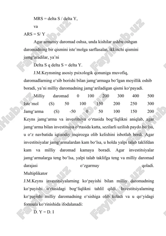 ansaksion motiv); • kutilmagan vaziyat uchun (ehtiyot shartdan); • olib sotarlik sababi. likvidlikka bo‘lgan talab bilan foiz stavkasi o‘rtasida teskari bog‘liqlik mavjud: foiz stavkasi qancha yuqori bo‘lsa, odamlarda o‘z aktivlarini naqd shaklda saqlashga bo‘lgan xohish shuncha kam bo‘ladi va aksincha. iqtisodiyotni davlat tomonidan tartiblashning chora-tadbirlari j.m.keyns ta’limotidagi asosiy yutuqlardan biri shundan iboratki, unda iqtisodiyotni davlat tomonidan tartibga solib turishning zarurligi ko‘rsatib berildi. keynsni hozirgi davrda hammaga yaxshi tanish ibora bo‘lgan «aralash iqtisodiyot»ning otasi deyish mumkin, bu iqtisodiyotda hukumat hal qiluvchi o‘rinni egallaydi. j.m.keyns fikriga ko‘ra, iqtisodiy jarayonlarning davlat tomonidan tartiblanishining samaradorligi davlat investitsiyalarordamida vositalarni qidirishga, aholining to‘la ish bilan bandligiga erishishga, foiz normasini pasaytirish va belgilashga bog‘liq. boshqacha aytganda, j.m.keyns konsepsiyasi bo‘yicha, ssuda foizi qancha past bo‘lsa, investitsiyalarga bo‘lgan qiziqish shuncha yuqori bo‘ladi, bu o‘z navbatida ish bilan bandlikni oshiradi, ishsizlikni tugatishga olib keladi. 20 asrning ikkinchi yarmida j.m.keyns nazariyasi asosida yangi keynschilik shakllandi. 50-yillarda keynschilik g‘oyalari rivojlantirilib, yangi g‘oyalar …