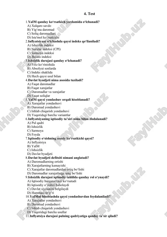sif: ishsizlik – ishga qodir bo‘lgan, ammo ish topa olmagan aholining foiz ko‘rsatkichi. · o‘lchov usuli: ishsizlik darajasi statistika orqali aniqlanadi, ya’ni ishga qodir bo‘lgan aholining umumiy soniga nisbatan ish topa olmaganlar foizi. · ahamiyati: ishsizlik iqtisodiy barqarorlik, ijtimoiy muhit va mehnat bozorining salohiyatini aks ettiradi. yuqori ishsizlik nafaqat iqtisodiy o‘sishning sekinlashuvi, balki ijtimoiy norozilik va iqtisodiy inqiroz xavfini oshiradi. · tahlil: ishsizlik ko‘rsatkichining tahlili yordamida davlat mehnat bozoridagi muammolarni aniqlab, kerakli siyosiy choralarga yo‘l qo‘yishi mumkin. · davlat byudjeti: · tavsif: davlat byudjeti – davlatning daromadlari va xarajatlarining umumiy ko‘rsatkichidir. · o‘lchov usuli: davlat byudjeti balans, defitsit yoki surplus holati ko‘rinishida tahlil qilinadi. · ahamiyati: byudjet ko‘rsatkichlari orqali davlatning iqtisodiyotga aralashuvi, moliyaviy barqarorlik va fiskal siyosat samaradorligi aniqlanadi. · tahlil: davlat byudjetining tahlili investitsiyalarni jalb qilish, ijtimoiy dasturlarni moliyalashtirish va iqtisodiy siyosatni shakllantirishda muhim omil hisoblanadi. 3. ko‘rsatkichlar o‘rtasidagi o‘zaro bog‘liqlik · iqtisodiy sikl: · o‘sish va pasayish davrlari …