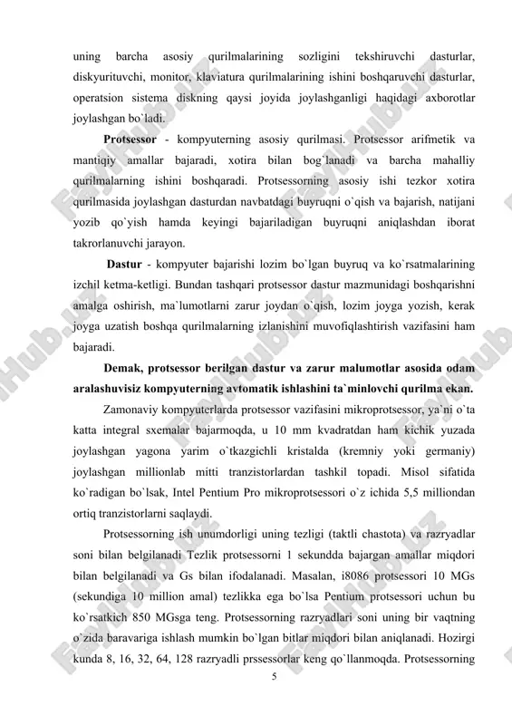 , 64, 128 razryadli prssessorlar keng qo`llanmoqda. protsessorning tezligini oshirish uchun hozirgi vaqtda kesh-xotira, turli matematik hamprotsessorlar kabi vositalardan foydalanish yo`lga qo`yilgan. komppyuter qurilmalari orasidagi axborot almashinuvi sistema magistrali - shinalar (elektr simlarining bog`lamlari) ko`magida amalga oshiriladi. shinadagi simlar kompyuterning hamma qurilmalariga parallel holda ulanadi. kompyuter ishi uchun uch xil shina xizmat ko`rsatadi: berilganlar (berilgan malumotlar) shinasi, adreslar shinasi, boshqarish shinasi. bog`lamdagi simlarning miqdori, shinaning razryadlari sonini belgilaydi. aniq protsessorga mos i80386, 16ғ32 yozuvi, ushbu protsessor 16 razryadli berilganlar shinasi va 32 razryadli adreslar shinasiga ega ekanligini, ya`ni bir vaqtning o`zida 16 bit axborot va 2^32қ 4 gbayt hajmdagi adreslar (adreslar sohasi) bilan ishlash imkoniyatini mavjudligini bildiradi. protsessor va asosiy xotira kompyuterning sistema bloki ichidagi asosiy platada joylashadi. unga diskyurituvchi, printer kabi qo`shimcha qurilmalarni ulash uchun kontrollerlardan, ya`ni maxsus platalardan foydalaniladi. ular ona platadagi maxsus qirqimlarga joylanadi, portlar deb yuritiluvchi ikkinchi uchlariga qo`shimcha qurilmalar bevosita ulanadilar. ma`lumotlarni kiritish - chiqarish …