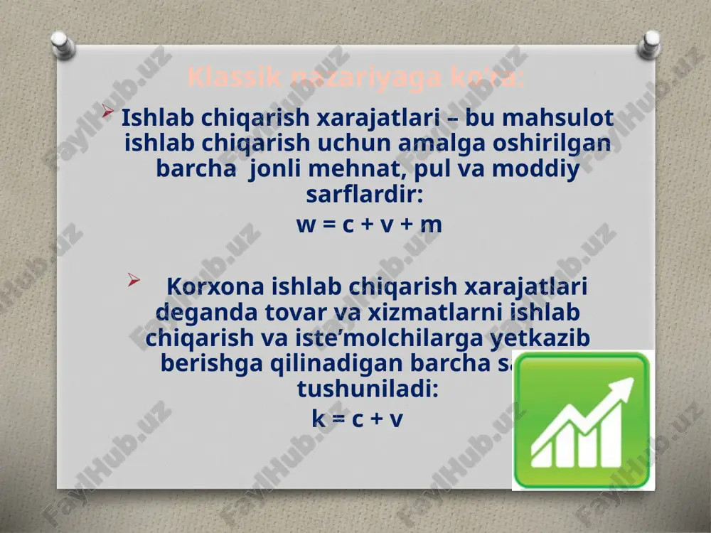 lash atrof-muhit muhofazasi jamg’arish soliqlar buxgalteriya foydasi sotilgan mahsulot uchun tushgan umumiy pul summasidan ishlab chiqarishning tashqi xarajatlari chiqarib tashlash yo’li bilan aniqlanadi. buxgalteriya atamasi bo’yicha buxgalteriya foydasi umumiy pul tushumi tashqi xarajatlar me’yordagi foyda ichki xarajatlar tashqi xarajatlar umumiy pul tushumi iqtisodiy foyda iqtisodiy atama bo’yicha korxona foydasining mutlaq miqdori uning massasini tashkil qiladi. foyda massasining ishlab chiqarish xarajatlariga nisbati va uning foizda ifodalanishi foyda normasi deyiladi. foyda normasining hisoblashning amaliyotda ikki variantidan foydalaniladi. p’ - foyda normasi; p - foyda massasi; w – ishlab chiqarish xarajatlari. k avans (asosiy kapital + aylanma kapital) - korxona avanslangan mablag’lari yoki asosiy va aylanma kapitalning o’rtacha yillik qiymati. moschino kompaniyasining 2014-2018 yillarda zarar va foydasi e’tiboringiz uchun rahmat image5.png image6.jpg image7.jpeg image8.gif image9.gif image10.jpg image11.jpg image12.gif image13.jpg image14.jpg image15.jpeg image16.jpg image17.jpg image18.jpg image19.jpg image20.jpeg image21.jpg image22.jpg image23.gif image24.jpg image25.jpg image26.jpg image27.jpg image28.png image29.jpg image30.png image31.jpeg image32.png image33.gif image34.jpeg image35.jpeg image3.jpeg image4.png