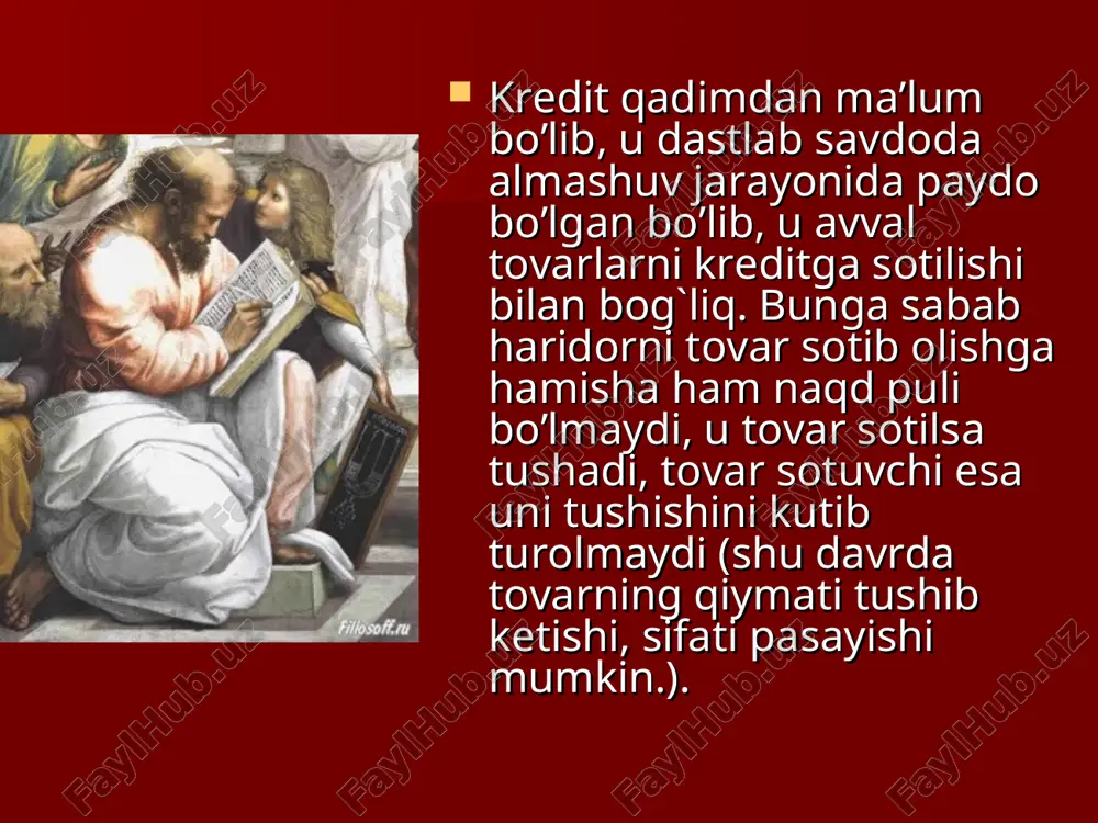hegarasida vaqti-vaqti bilan amalga oshirilib boriladi. bunda haridor har gal tovar olishda kreditni rasmiylashtirib o’tirmaydi, ya’ni kreditga murojaat qilmaydi. chegirma berish usulida haridor to’lov hujjatlari yozilgandan so’ng, shartnomada kelishilgan ma’lum davr ichida to’lovni amalga oshirsa to’lov yig’indisidan chegirma beriladi. agar ushbu davrda to’lay olmasa, unda belgilangan muddatda to’lovni to’liq amalga oshiradi. mavsumiy kredit odatda o’yinchoqlar, suvenirlar va boshqa xalq iste’mol mollarini sotishda qo’llaniladi. masalan, o’yinchoqlarni vaqtidan oldin olib yangi yil o’tgach yanvar-fevral oyida to’laydi. buni ishlab chiqaruvchilar uchun qulayligi ular o’yinchoqlarni omborlarda saqlash harajatlaridan xolos bo’ladilar. konsignasiya usulida tovarni sotib oluvchilar hyech qanday majburiyatsiz sotib oladilar, ya’ni tovarlar sotilganidan keyin puli to’lanadi, agar u sotilmay qolsa egasiga qaytarib beriladi. xorijiy mamlakatlarda tijorat kreditidan keng foydalaniladi. mdh mamlakatlari amaliyotida tijorat kreditidan kam foydalaniladi. umuman jaxon amaliyotida ham tijorat kreditining ochiq schyot, konsignasiya, chegirma berish usullari kengroq foydalaniladi.