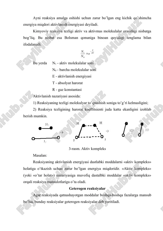 njir reaksiyani uch qismdan iborat deb qarash mumkin. 1) zanjirning vujudga kelishi, «boshpana reaksiya». 2) reaksiyalar zanjiri, (zanjirning davom etishi va tarmoqlanishi). 3) zanjirning uzilishi. misol: cl2 → 2cl* boshlama reaksiya. cl*h2 → hcl + h* reaksiyalar zanjiri. h* + cl2 → hcl + cl cl + h2 →hcl + h* va hokazo. zanjir reaksiyalarning eng muhim hususiyati zanjirning uzunligidir. zanjir reaksiyasida bir aktiv markaz vujudga keltirgan oddiy reaksiyalarning (zvenolarning) soni zanjirning uzunligi deyiladi. portlash - nihoyatda tez boradigan reaksiyalardir. adabiyotlar 1. волцкий a.в., сергеевская e.с. teoрия металлургических процессов. -m.: meтaллургия, 1996. - 380 с. 2. филиппов с.и. teoрия металлургических процессов. - m.: meтaллургия, 2000. - 230 с. 3. eсин o.a., гелд п.в. физическая химия пирометаллур-гических процессов. i часть. - свердловск, 1992. – 671 с. 4. рахимов в.р. физикавий ва коллоид кимё. – т.: ўқитувчи, 1978. 5. www.misis.ru; 6. http://www.weimar.de; 7. info4ru.de 8. ленник г.a., пехсин п.o. современная техника изотермического …