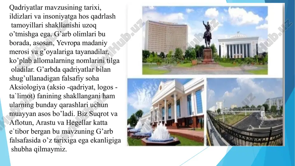 kattaroq ta`sir ko’rsatishi mumkin edi. afsuski, bolsheviklar boshlagan siyosiy jarayonlar bu avlodning boy merosini o’z domiga tortdi, uning taqdiri ayanchli kechdi, ta`qiqlab qo’yildi. mustaqillik va qadriyatlar mavzusi. istiqlol yillarida o’zbekistonda bu mavzuga umuminsoniy tamoyillar asosida yondashish shakllandi. bunday qarashning vujudga kelishi, qadriyatlarning ijtimoiy va ma`naviy yangilanishi, jamiyat a`zolarining kamoloti hamda yoshlar tarbiyasidagi ahamiyati masalalariga davlat miqyosida yuksak e`tibor ko’rsatilayotganligi mazkur soha rivojining bosh yo’nalishidir. qadriyatlarni mustaqillikni mustahkamlashning ma`naviy omillaridan biri sifatida qadrlanishi borasidagi ijobiy jarayonlar tadqiqotlarni ko’paytirish, ularga nisbatan mas`uliyatni yanada oshirishni taqozo qilmoqda. istiqlol asrlar davomida shakllangan o’ziga hos sharqona va o’zbekona qadrlash masalalari va me`yorlarini qayta tiklash hamda zamonaviy talablar darajasida takomillashtirishni kun tartibiga qo’ydi. mustaqillik istiqlol davrining eng asosiy qadriyatidir. zero, mustaqil bo’lmagan mamlakatning qadriyatlar tizimi hech qachon to’kis bo’lmaydi. mustamlaka mamlakatning ma`naviy hayotida mustamlakachilarning qadriyatlari ustuvor bo’lishi aniq. faqat mustaqillikkina ushbu holatni tubdan o’zgartiradi, mamlakatning qadriyatlar majmuasini jahon tizimining teng huquqli va haqiqiy qismiga aylantiradi. shu …