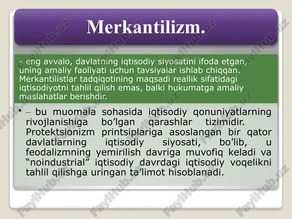 qib ketishiga yo’l qo’y-maslik uchun qimmatli xorijiy tovarlarni (zeb-ziynat buyumlari) iste’mol qilishni man etishni talab qilib chiqdi 4 angliyada ishlab chiqarilishi mumkin bo’lgan tovarlarni mamlakatga olib kirishni to’liq man etishni tavsiya etadi.. uilyam staffordning (1154-1612 y.)angliya merkantilizmining ancha yirik vakili 13 - tovarlar bahosining ozgina oshishi, tovarlar taklifining ancha ko’payishiga olib kelishi qoidasini asoslab berdi; - milliy iqtisodiyot rivojlanishining kaliti sifatida, bankno-talarni chiqarish yo’li bilan mamlakatda pulning mo’l-qo’lligini ta’minlashga harakat qildi; j.lo kredit-bank tizimi, shuningdek, qog’oz-pul muomalasi va birja chayqovchiligi asos-chilardan biri hisoblanadi. u kuchli iqtisodchi-amaliyotchi bo’l-sada, faqat ikkita asar yozgan. birinchisi “pul va savdo” 1705 yilda chop etilgan, ikkinchisi “regentstvo davri moliya tarixi” uning o’limidan sal oldin yozib tugatiladi, lekin faqat ikki yuz yildan keyin nashr etiladi. - kredit emissiya banklarining davlatga qarashli bo’lishini, hukumat tomonidan iqtisodiy siyosatini olib borilishi va uning yordamidan foydalanishni talab qilib chiqdi; - davlat qo’shimcha ish joylarini yaratishga imkon beruvchi muomaladagi pul miqdorini ko’paytirish …