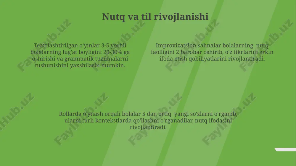 ch, gʻam-qaygʻu, gʻazab, qoʻrquv, hayrat) ifoda etishni oʻrganib, emotsional intellektini 15-20% ga yaxshilaydi. maktabgacha ta'lim muassasalarida teatr faoliyatining asosiy maqsadi maktabgacha ta'lim muassasalarida teatr faoliyatining asosiy maqsadi – bolalarni 5-6 yoshga to'lganida sahna madaniyatiga, tomoshabinlar bilan muloqotga o'rgatish, o'ziga ishonch hissini 2 barobar kuchaytirish orqali shaxsiy rivojlanishini ta'minlashdan iborat. maktabgacha ta'lim muassasalarida teatrlashtirilgan o'yinlar orqali bolalarning 3-7 yosh oralig'ida nutq apparati rivojlanishi, 50% ga yaqin lug'at boyligini oshirish va ijtimoiy-kommunikativ ko'nikmalarini shakllantirish asosiy maqsad hisoblanadi. teatr faoliyati bolalarda 2-4 yosh oralig'ida o'z-o'zini ifoda etish qobiliyatini rivojlantirishga, ijodkorlik va tasavvurni 30% gacha oshirishga, shuningdek, turli rollarni o'ynash orqali empatiya ko'nikmalarini shakllantirishga qaratilgan. tasavvur va xayolni rivojlantirish improvizatsiya elementlarini o'z ichiga olgan teatrlashtirilgan mashg'ulotlar bolalarning fikrlash tezligini 15% ga oshirib, muammolarni hal qilish qobiliyatini yaxshilaydi va xayolni kengaytiradi. rollarda o'ynash orqali bolalar kamida 3 ta turli xarakterni ifodalashga, shu bilan birga o'zlarining his-tuyg'ularini va tajribalarini ifoda etishga o'rganadilar, bu esa xayolparastlikni rivojlantiradi. …