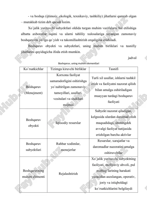 ifalar qo`yiladi va ularni hal etish orqali quyi bo`g`in hisoblangan xo`jalik yurituvchi subyektlarning moliya-xo`jalik faoliyatining tashxisi qo`yiladi. xo`jalik yurituvchi subyektlar faoliyatini o`rganish va tahlil etish orqali ularning samarali faoliyatini yo`lga qo`yish va uni o`stirish imkoniyatlarini baholashda, korxona ishlab chiqarish, tijorat va moliya faoliyatidan moliyaviy resurslarning kirimiga va ulardan moliyaviy holatni o`stirishda foydalanish darajalariga, raqobatdoshlik, moliyaviy natijalarni kutilishini prognozlash va iqtisodiy rentabellikni xo`jalik faoliyatining real imkoniyatlaridan kelib chiqqan holda oshirishning yo`llarini belgilashga, moliyaviy resurslardan yanada samarali foydalanishning chora-tadbirlarini belgilashga ahamiyat qaratiladi. moliyaviy raqobatdoshlikka va to`g`ri moliyaviy siyosatni yuritishga korxona foydasini maksimallashtirish, kapital tarkibini optimallashtirish va uning moliyaviy barqarorligini ta`minlash, mulkdorlar (qatnashchilar, ta`sischilar), investorlar va kreditorlar uchun moliyaviy holatning jozibadorligini oshirish, korxona boshqaruvi yuzasidan samarali mexanizmni shakllantirish, shuningdek, moliyaviy resurslarni jalb etishda bozor mexanizmining barcha imkoniyatlaridan foydalanish orqaligina erishish mumkin. o`z navbatida, iqtisodiyot subyektlari faoliyatidagi erkinlik, natijaga egalik, rivojlanish va taraqqiyotning yangicha mazmuni boshqaruvning butun bir tizimini ham takomillashtirishni talab etmoqda. bugungi …