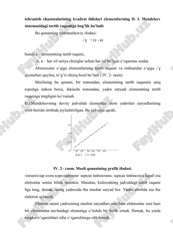 q keldi. yorug’lik kvantlarining haqiqiy mavjudligini boshqa xil tajribalar ham isbotladi. endilikda plank tenglamasi tabiat haqidagi asosiy qonunlardan biri deb topildi. 3. bor nazariyasi. nels bor 1913 yilda vodorod atomining tuzilish nazariyasini taklif qildi. n.bor o’zining nazariyasini yaratishda e.rezerford modeliga va plankning kvantlar nazariyasiga asoslandi. u rezerford nazariyasiga energiyaning ayrim kvantlaridan iborat ekanligi haqidagi plank g’oyasini kiritib, o’zining muhim postulatlarini ta‘rifladi. n.borning 1 postulatiga muvofiq, elektron atomda faqat kvant nazariyasi ruxsat etadigan orbitalar bo’ylab harakat qiladi. elektron kvantlangan turg’un orbitalar bo’ylab harakat qilganida o’z energiyasini o’zgartirmaydi, atrofga energiya sochmaydi va tashqi muhitdan energiya yutmaydi. ii postulatga ko’ra, elektron yadrodan uzoq orbitadan yadroga yaqin orbitalarning biriga o’tganida o’zidan energiya chiqaradi. aksincha yo’nalishda harakat qilinganida esa, atom energiya yutadi. n.bor bu ikki postulat asosida vodorod atomning tuzilishini tushuntirdi, u spektroskopik tekshirishlar asosida olingan xulosalardan va e.rezerford formulasi dan foydalanib, vodorod atomining radiusini, elektronning turli orbitalardagi energiya qiymatlarini hisoblay oldi. n.bor hisoblar natijasida …