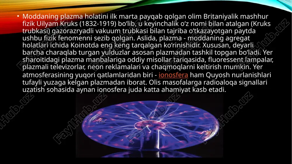 qnashishi mumkin, shuning uchun ionlash jarayoni qor ko'chkisi jarayoni sifatida namoyon bo'ladi. oxir-oqibat bu jarayon nasli va zaryadlangan zarralarning yo'qotilishi o'rtasida barqaror holatga etadi. plazma hajmidan ionlar va elektronlarning yo'qotilishi plazma chegaralaridagi rekombinatsiya va diffuziya bilan sodir bo'lishi mumkin. ionlashning boshlanishi, masalan, kosmik radiatsiya orqali ionlashtirilishi sababli har qanday neytral gazda doimo mavjud bo'lgan asosiy ionlar va elektronlar tomonidan ta'minlanadi. atomni ionlash uchun etarli energiya bo'lmagan elektronlar elektron strukturasini o'zgartirishi va uni ekspluatatsiya qilishi mumkin va atomlar fotonni chiqarib yuborishi mumkin. zararlangan zarrachalarni rekombinatsiya qilish va dezeksifikatsiya qilish plazma tizimlarining yorqin xususiyatiga yordam beradi. atomni ionlash uchun etarli energiya bo'lmagan elektronlar elektron strukturasini o'zgartirishi va uni ekspluatatsiya qilishi mumkin va atomlar fotonni chiqarib yuborishi mumkin. zararlangan zarrachalarni rekombinatsiya qilish va dezeksifikatsiya qilish plazma tizimlarining yorqin xususiyatiga yordam beradi. plazma xususiyatlari plazma zaryadlangan zarrachalardan iborat bo'lgani sababli, plazma elektromagnit maydonlarga ta'sir qiladi va elektrni o'tkazadi. aksincha, ko'pgina gazlar elektr izolyatorlari. gaz …