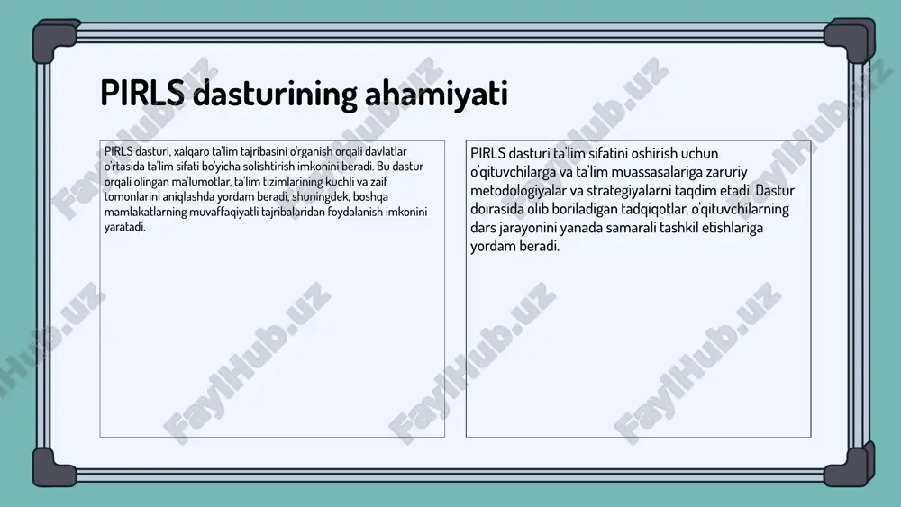 larini baholash uchun testlar tayyorlanadi. 2-bosqichda, o'qituvchilar va o'quvchilar baholash jarayoniga tayyorgarlik ko'rishadi. 3-bosqichda, baholash o'tkaziladi, bu jarayonda o'quvchilar o'z bilimlarini ko'rsatadilar. 4-bosqichda, olingan natijalar tahlil qilinadi va o'qituvchilarga o'quvchilarning kuchli va zaif tomonlarini aniqlashda yordam beradi. 5-bosqichda, natijalar asosida ta'lim jarayonini yaxshilash uchun tavsiyalar ishlab chiqiladi. 6-bosqichda, o'qituvchilar va o'quvchilar uchun natijalar va tavsiyalar taqdim etiladi. har bir bosqichda o'qituvchilar va o'quvchilarning roli muhim ahamiyatga ega. o'qituvchilar baholash jarayonini boshqaradilar, o'quvchilarga yordam beradilar va natijalarni baholaydilar. o'quvchilar esa o'z bilim va ko'nikmalarini namoyish etishadi. o'qish ko'nikmalarini baholashda pirlsning ahamiyati pirls (progress in international reading literacy study) - bu xalqaro o'qish ko'nikmalarini baholash dasturi bo'lib, u 4-sinf o'quvchilarining o'qish qobiliyatini o'rganadi. ushbu tadqiqot natijalari ta'lim tizimlarining samaradorligini baholash va yaxshilashga yordam beradi. pirls dasturi global ta'lim standartlarini belgilaydi va mamlakatlar o'rtasida o'qish ko'nikmalarini taqqoslash imkonini beradi. bu o'quvchilar uchun o'qish ko'nikmalarini rivojlantirishda muhim ahamiyatga ega. o'qituvchilar va ta'lim muassasalari uchun …