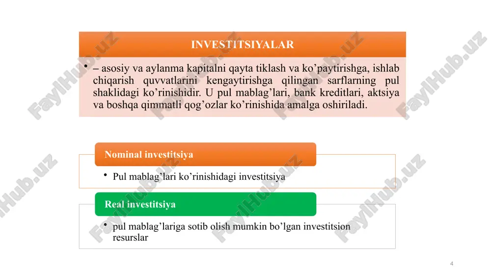 grafikning e nuqtasi shuni bildiradiki, banklar nolga teng foiz stavkasi bilan kredit berganlarida hamda ularning kredit resurslari cheksiz ko‘p bo‘lganda ham mamlakatdagi boshqa resurslari miqdorining cheklanganligi tufayli investitsiya xarajatlari ma’lum miqdor bilan chegaralanadi. 14 2. investitsiyalar dinamikasini belgilovchi foiz stavkasidan boshqa omillar. 15 investitsiya xarajatlari dinamikasiga ta’sir etuvchi boshqa omillar 1 soliqqa tortish darajasi; 2 ishlab chiqarish texnologiyalaridagi o‘zgarishlar; 3 4 5 mavjud bo‘lgan asosiy kapital miqdori; investorlarning kutishi; yalpi daromadlarning o‘zgarishi. 16 investitsiyalar hajmining yaim yoki daromadlar darajasiga bog‘liqligini akselerator modeli aks ettiradi: i = f(y), ya’ni investitsiyalar (i) yaim (y)ning funksiyasi ekan. akselerator modelining to‘liqroq ko‘rinishi quyidagicha bo‘ladi: i = 𝐈_𝐫𝐞𝐣𝐚+ 𝛄y 𝛄 = □(64&∆𝐈/∆𝐘) = □(64&(𝐈_𝐭 - 𝐈_(𝐭−𝟏))/(𝐘_𝐭 - 𝐘_(𝐭−𝟏) )) 𝐈_𝐫𝐞𝐣𝐚 - rejalashtirilgan investitsiyalar; y – yaim (daromad) hajmi. bu yerda: investitsiyalar hajmining yaim yoki daromadlar darajasiga bog‘liqligini akselerator modeli aks ettiradi: i = f(y), ya’ni investitsiyalar (i) yaim (y)ning funksiyasi ekan. akselerator modelining to‘liqroq ko‘rinishi …