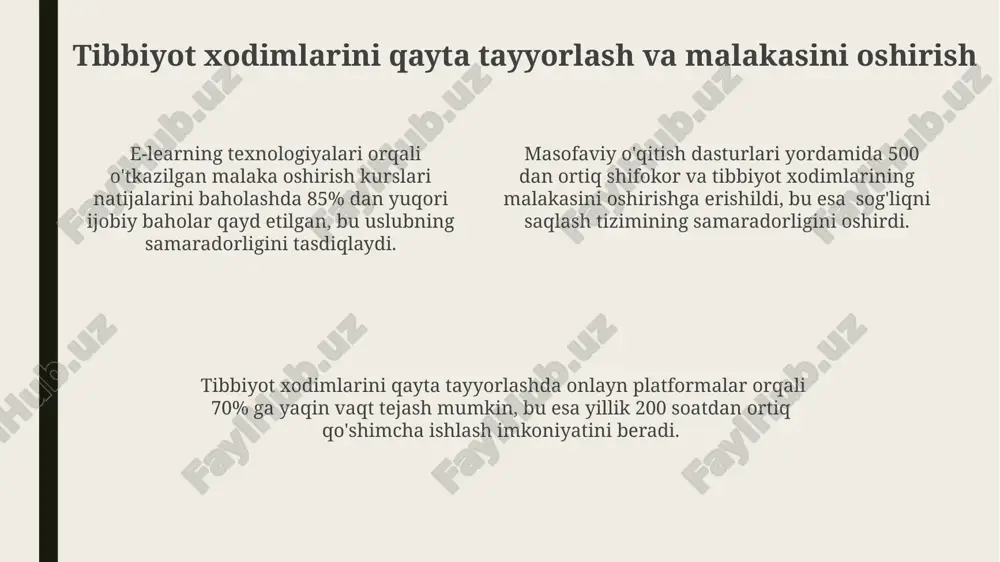 dati), o'qituvchilar bilan o'zaro aloqaning sifati va kursni tugatgan talabalar soni kabi ko'rsatkichlarni tahlil qilish kerak. masofaviy o'qitish samaradorligini baholashda o'quvchilarning test natijalaridagi 70% dan yuqori o'rtacha ko'rsatkichi va ularning amaliy ko'nikmalarini egallaganlik darajasini aks ettiruvchi kuzatuv natijalari muhim ahamiyat kasb etadi. masofaviy o'qitish samaradorligini ob'ektiv baholash uchun, 5 ball shkalasi bo'yicha so'rovnoma natijalari, o'quv materialining sifatini baholash va o'qitish jarayoniga oid fikr-mulohazalarning tahlili zarur. tibbiyotda masofaviy o'qitishning afzalliklari tibbiyotda masofaviy o'qitish shifokorlarga 24/7 kirish imkoniyatini beradi, bu esa klinik ishlarini yanada samarali bajarishga va malakalarini doimiy ravishda oshirishga yordam beradi. masofaviy o'qitish dasturlari turli xil interaktiv vositalar, jumladan, virtual simulyatsiyalar va 3d-modellardan foydalangan holda, 80% ga yaqin amaliy tajribani ta'minlaydi. masofaviy o'qitish geografiya chegaralarini yo'q qiladi, 1000 dan ortiq shifokorlarga bir vaqtning o'zida yuqori sifatli ta'lim olish imkoniyatini yaratadi. tibbiyotda masofaviy o'qitishning kelajagi tibbiyotda masofaviy o'qitishning kelajagi sun'iy intellekt texnologiyalari, masalan, virtual va qo'shilgan haqiqat yordamida interaktiv simulyatsiyalar va …