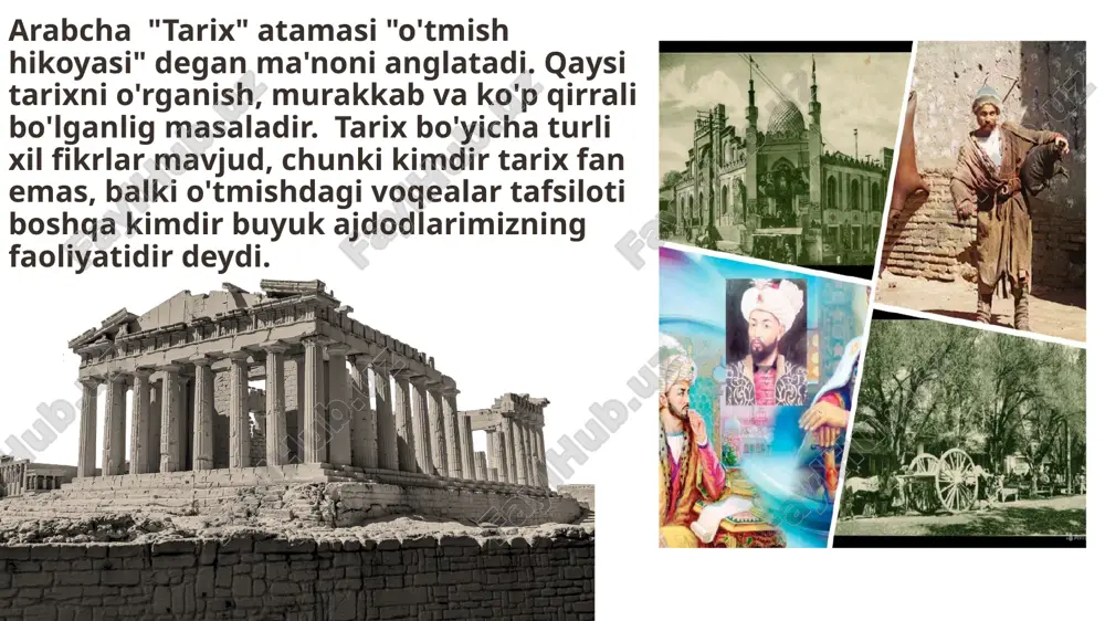 za, temir) foydalanilganligiga qarab davrlashtirish masalalarini hal qiladilar; boshqa tadqiqotchilar - sanoatning rivojlanishiga qarab, axborot texnologiyalari va boshqalar. bugungi kunda tsivilizatsiya yondashuvi davrlashtirishda eng mashhur hisoblanadi. formatsion yondasuv ibtidoiy jamoa quldorlik feodal kapitalistik , kommunistik tsivilizatsion yondasuv neolit ​​sivilizatsiyasi sinflar sivilizatsiyasi antik sivilizatsiya o'rta asr sivilizatsiyasiя , sanoatlashtirishdan oldingi sivilizatsiya industrial (sanoat) sivilizatsiyasi postindustrial tsivilizatsiya o'zbekiston tarixi timeline шаблоны презентаций с сайта presentation-creation.ru qadimgi davr mustamlaka davri o'rta asrlar so’nggi o'rta asrlar sovet davri eng yangi davr xix asrning 2- yarmi inson paydo bo'lishidan to eramizning v asriga qadar v- xvi xvi- xix 1917 1917-1991 1991- h.d. tosh davri – 3-2 mln. yil avvaldan – m.avv. 3 ming yilgacha metall davr bronza davri - m.av. 3 – 1 ming yilgacha temir davri - m.av. 1 ming yildan. – milodiy 1 asrgacha ibtidoiy jamoa davri tarixi tosh davri paleolit ilk - ashel o’rta - muste so’nggi – orinyak, solyutre, madlen mezolit …