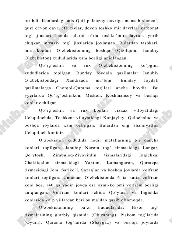 linmoqda. chunki hozircha o`zbekistonda sof molibden koni topilgan emas. o`zbekistonda 100 dan ziyod qalay konlari borligi aniklangan. lekin bularning hammasi kichik konlar bo`lib, ulardan ma`dan qazib olinmaydi. qalay konlari borligi samarqand viloyatining qarnab cho`li, zirabuloq-ziyovitdin tog`larida, toshkent viloyatining maydontol, kengko`l, sargardon, ohangaron platosida va jizzax viloyatining nurota tizmalarida aniqlangan. vismut piskom tog` tizmasining janubi-g`arbiy qismida (burchmulla qishlog`i yaqinida) o`rtasaroyda qazib olinmoqda. bundan tashkari qurama tizmasidagi qizilgo`tda, chotqol tizmasida toshkentda va boshqa joylarda vismut borligi aniqlangan. ular ko`pincha ko`rg`oshin-rux va mis-molibden rudalari tarkibida uchraydi. vismutning ayrim o`choqlari nurota, zirabuloq-ziyovitdin va hisor tizmalarida ham ma`lum. o`zbekistonda 50 dan ziyod simob va surhma konlari ochilgan. birok, ularning zahiralari kam bo`lganligi sababli, qazib olind^aydi. lekin respublikada bir qancha simob konlari ochilishi mumkin bo`lgan xududlar bor. bularga molruzorturkiston (zomin ruda mintaqasi), zirabuloq-ziyovitdin (oltinozul ruda mintaqasi), qizilqum (quljuq1, quljuq2 va boshqa rudali mintaqalar) va boshqalar kiradi. o`zbekiston hududi asl metallarga boydir. katta zahiraga ega oltin konlari …