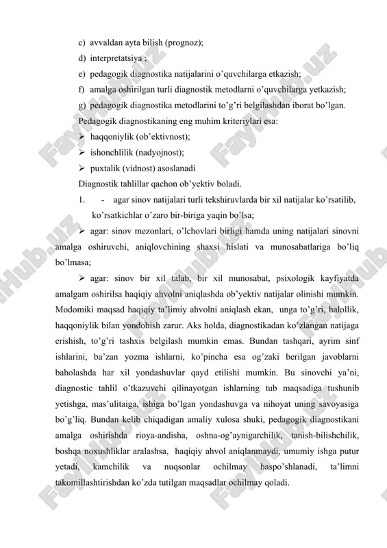 hlanadi, ta’limni takomillashtirishdan ko’zda tutilgan maqsadlar ochilmay qoladi. 2. pedagogik diagnostikaning ishonchliligi bir necha marta qilingan tahliliy xulosalar natijasining bir xilligi qayd etilgan xollardagina ta’minlanadi. agar buni muayyan maktab, sinfning hayotiy faoliyati bilan bog’lasak, mabodo o’qituvchi ilgarigi ishini oradan bir necha vaqt o’tib, aynan o’shnday baholasa, ishonchlilik paydo bo’ladi, lekin bunday hol afsuski amaliyotda kam uchramoqda. pedagogik diagnostika natijalari qachon uzil-kesil tasdiqlanadi. tajribalar, tahlillar shuni ko’rsatadiki, pedagogik diagnostika test usullari vositasida amalga oshirilsa, natijalar haqqoniy bo’ladi. chunki bunda to’rt xil xulosa, bir xil natija bilan baholanadi bular: · mazmunning tasdig’i; · har xil usul bilan olingan natilalarning bir xilligi; · natijalarga ko’ra amalga oshirilgan tahlillarning isbotlanishi; · loyihalashning tasdiqlanishi (ya’ni, loyihalashtirishdagi natijalarning olingan xulosalarga uyg’unligi). baho shkalasi baho malakasi ham bola shaxsini, uning o’qishga munosabatini to’g’ri belgilahdagi muhim omildir. uni pedagog olimlar turli davra turlicha ifodalaganlar. masalan, bolalarning mashg’ulotlar paytidagi qiziqish darajasini 1978 yilda aqshlik olim oini fitaku quyidagi shkala …