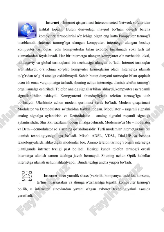 turga bo’linadi: 1. shina (bus), bunda hamma kompyuterlar bir aloqa liniyasiga parallel ulanadi va har bir kompyuterdan axborot bir vaqtda hamma qolgan kompyuterlarga uzatiladi. 2. yulduz (star), bunda bitta markaziy kompyuterga chetda qolgan kompyuterlar ulanadi, shu bilan birga har biri o‘zining alohida aloqa liniyalaridan foydalanadi. 3. halqa (ring), bunda har bir kompyuter axborotni har doim faqat bitta zanjirda kelayotgan kompyuterga uzatadi, axborotni esa faqat zanjirdagi oldinda kelayotgan kompyuterdan oladi va bu zanjir “halqa” bo‘lib birlashgan. server mijoz texnologiyasi. server mijoz texnologiyasi kompyuter tarmog’ida ishlatiladigan asosiy tuzilma hisoblanadi. kompyuter tarmoqlari odatda bitta server va bir qancha mijozlardan tashkil topgan bo’ladi. server mijozlarga turli xil xizmatlarni ko’rsatadi. mijoz tomonidan berilgan so’rovlarni ko’rib chiqadi va so’rovga tegishli javobni so’rovni amalga oshirgan mijozga uzatadi. kompyuter tarmog’ida odatda asosiy qurilma server qilib olinadi. bu qurilma keying yuqori tarmoqqa ulanishi mumkin. mijozlardan so’rov kelsa va so’rov javobi yuqori tarmoda bo’lsa, mijozni yuqori tarmoqqa chiqishini ta’minlashi mumkin. …