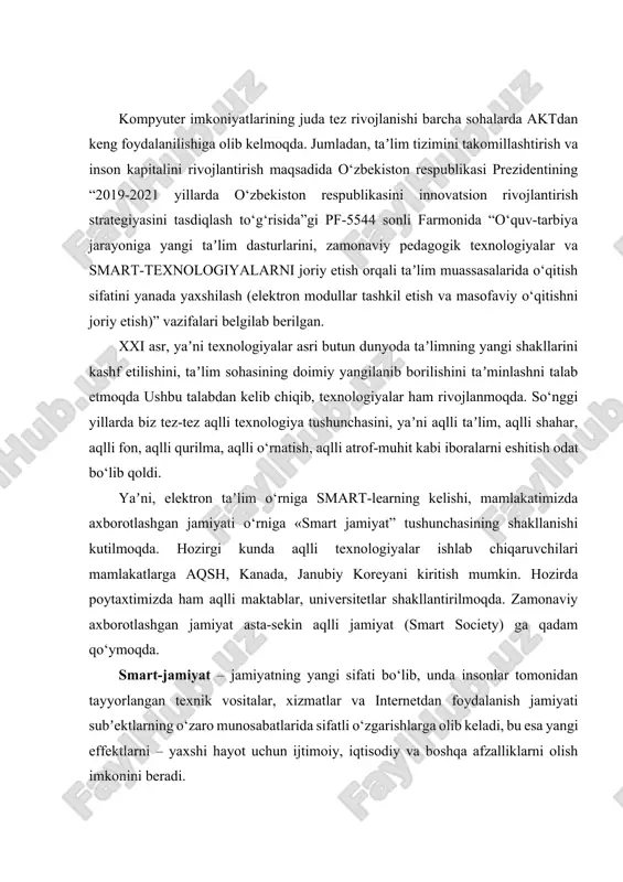 afzalliklarni olish imkonini beradi. smart-shahar – bugungi kunda tirbandlik, navbatlar, shahar tuzilmalarining beqarorligi va nazoratsizligi kabi aholini ijtimoiy-kommunal muammolardan butunlay ozod qiladigan aqlli shahar hisoblanadismart texnologiyalari va vositalari. smartfon – (inglizcha “smartphone” – “aqlli telefon”) uyali telefon hamda qo‘l kompyuteri vazifasini bajaruvchi moslama. smart board interaktiv doska– (interfaol taxta — smart boards, interaktiv displey — sympodium) uyali telefon hamda qo‘l kompyuteri vazifasini bajaruvchi moslama. smart taʼlim – umumiy standartlar, kelishuvlar va texnologiyalar asosida internet tarmog‘ida birgalikdagi taʼlim faoliyatini amalga oshirish uchun taʼlim muassasalari va professor-o‘qituvchilarning birlashmasi. globallashuv jarayonlarining oxirgi qisqa davrida asosiy harakatlantiruvchi mexanizmlaridan biri bo‘lgan axborot-kommunikatsiya texnologiyalari sohasida davr talabiga mos keluvchi yangi yo‘nalishdagi raqamli texnologiyalar yaratilmoqda. bu texnologiyalar kompyuter tarmoqlari klassik modellaridan yetarlicha darajada farq qilishi bilan birgalikda, ayrim hollarda aynan o‘xshash tamoyillar asosida ish yuritadi. zamonaviy bulutli texnologiyalar nafaqat tayyor tarmoq va server qurilmalari, balki, asta-sekin ichki tizimlar (embedded cloud) bozoriga ham jadal kirib bormoqda. turli xildagi …