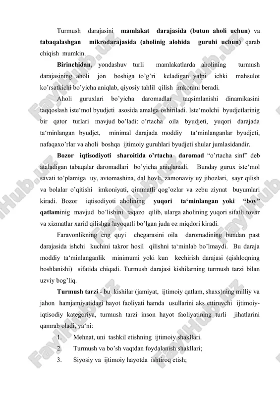 ’z ichiga oladi. kishilar ehtiyojlarini qondirish darajasi jamiyat a‘zolarining aholida olgan va oilaviy daromadlari darajasiga bog’liq. ya‘ni, aholi jon boshiga to’g’ri keluvchi milliy daromad, aholi jon boshiga to’g’ri keluvchi iste‘mol hajmi va boshqalar daromad manbalari hisoblanadi. 2-savol. daromadlar tengsizligi va uning darajasini aniqlash dunyodagi barcha mamlakatlar aholi jon boshiga to’g’ri keladigan o’rtacha daromadlar darajasi bilan bir-biridan keskin farqlanadi. bu esa daromadlar o’rtasida tengsizlik mavjudligi bildiradi o’rtacha daromadlar ham daromadlaridagi farqlarni bartaraf qilmaydi. daromadlar tengsizligi darajasini miqdoriy aniqlash uchun jahon amaliyotida lorents egri chizig’idan foydalaniladi. daromad % 100 е 80 60 40 20 f аholi % 0 20 40 60 80 100 chizmaning yotiq chizig’ida aholi guruxlarining foizdagi ulushi tik chizig’ida esa bu guruhlar tomonidan olinadigan daromadning foizdagi ulushi joylashtirilgan. nazariy jihatdan daromadlarning mutloq teng taqsimlanishi imkoniyati (burchakni teng ikkiga bo’luvchi) oye chiziqda ifodalangan bo’lib, u oilalarning har qanday tegishli foizi daromadlarining mos keluvchi foizni olishini ko’rsatadi. ya‘ni aholining 20% barcha …