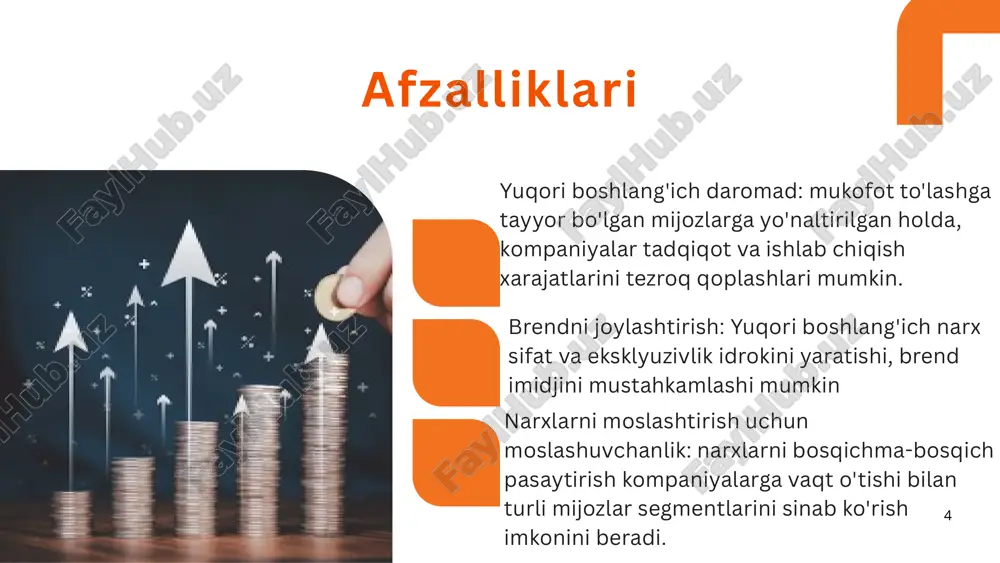 raqobatbardosh bozorlarda marjalar nozik bo'lib, rentabellikni cheklashi mumkin. cheklangan farqlash: faqat narxga tayanish, ajralib turishni qiyinlashtiradi, chunki iste'molchilar faqat narxga e'tibor berishadi. narxlar urushi xavfi: agar barcha kompaniyalar bir-birini kamsitishda davom etsa, bu pastga qarab barqaror poygaga olib kelishi mumkin. 17 misollar: calle cualquiera 123, cualquier lugar supermarketlar ko'pincha sut va non kabi mahsulotlarni raqobatchilarnikiga o'xshatib baholaydilar, bu esa xaridorlarni muhim mahsulotlarni yaxshiroq sotish uchun do'konlarini almashtirishdan saqlaydi. 18 tavsif: xarajat-plyus narxlash, shuningdek, qo'shimcha narxlash sifatida ham tanilgan, mahsulot ishlab chiqarish xarajatlariga qat'iy foiz yoki dollar miqdorini qo'shishni o'z ichiga oladi. ushbu yondashuv sodda va talab bo'yicha bozor tadqiqotlarini talab qilmaydi, bu uni qo'llashni osonlashtiradi. cost-plus pricing 19 qachon foydalanish kerak: narx-plyus narxlari barqaror va prognoz qilinadigan ishlab chiqarish xarajatlari yoki talabni prognoz qilish qiyin bo'lgan mahsulotlar uchun yaxshi ishlaydi. bu, shuningdek, ishlab chiqarish xarajatlari ustiga foyda marjasi kafolatlangan davlat shartnomalari uchun ham foydalidir. xarajat-plyus narxlaridan foydalanadigan kompaniyalar: chakana sotuvchilar, …