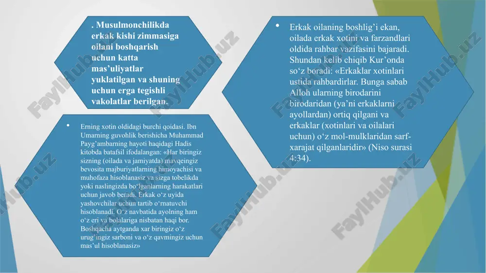 r samimiyligi – oila mustahkamligini ta’minlash uchun zamindir – farzand uchun namuna maktabidir. tabiatan erkak va ayol jinsiga xos xususiyatlar bo‘lgani kabi, oilada ular bajarishi lozim bo‘lgan mehnat turlari, farzand, oila, qarindosh-urug’, jamiyat oldidagi burch va vazifalari mavjuddir. er-xotinning oqilligi o‘z burch va vazifalariga mas’uliyat bilan yondashishi oqibatida boshqariladigan oilada moddiy va ma’naviy barqarorlik, tinchlik, sog’lom ma’naviy muhit hukmron bo‘ladi. xx asr turkiston jadidchiligining ulkan namoyondasi abdurauf fitrat aytganlaridek: «er-xotin mushkulotdan iborat bo‘lgan hayot safarida birga bo‘lib, jismoniy va ruhiy osoyishtalikka sherik, insoniy vazifalarni bajarishda dastyor, qayg’u va umidsizlik damlarida g’amxo‘r, saodat va baxtiyorlik chog’ida bir-birlariga hamdam bo‘lishlari lozim. shunday ekan, ular albatta, eng avvalo, bir-birlarini kamoli diqqat va tajriba yuzasidan imtixon qilishlari zarur» oilaning asosi ota-onadir. ota-ona o‘rtasidagi o‘zaro muhabbat, ishonch, hamkorlik va hamfikrlik, izzat-ikrom, munosabatlar samimiyligi – oila mustahkamligini ta’minlash uchun zamindir – farzand uchun namuna maktabidir. tabiatan erkak va ayol jinsiga xos xususiyatlar bo‘lgani kabi, oilada ular …