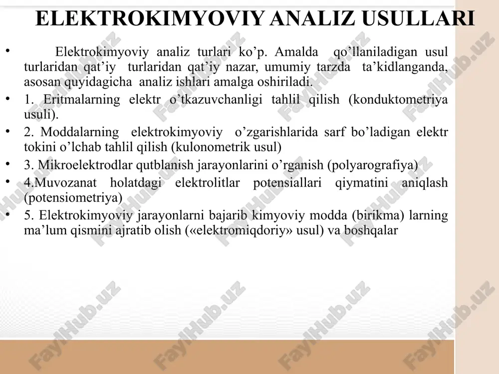 ig'i - eritmaning elektr o'tkazuvchanligining qo'shilgan titrant hajmiga bog'liqligi. egri chiziqdagi uzilish ekvivalentlik nuqtasiga to'g'ri keladi. konduktometrik titrlashda reaksiyalar turlari kislota-asos redoks, yog'ingarchilik reaktsiyalari, murakkab shakllanish reaktsiyalari. a - kuchli kislota eritmasini ishqor eritmasi bilan titrlash; b - titrlangan modda va titrantning elektr o'tkazuvchanligi past bo'lgan ionlari bor; c - titrlangan moddaning elektr o'tkazuvchanligi titrantning elektr o'tkazuvchanligidan katta; d - titrlangan moddaning elektr o'tkazuvchanligi titrant ionlarining elektr o'tkazuvchanligidan kam. konduktometrik titrlash egri chiziqlari to'g'ridan-to'g'ri konduktometriyani qo'llash to'g'ridan-to'g'ri kondüktometriya quyidagilar uchun qo'llaniladi: kam eriydigan elektrolitlarning eruvchanligini aniqlash; distillangan suv va suyuq oziq-ovqat mahsulotlari (sut, ichimliklar va boshqalar) sifatini nazorat qilish; mineral, dengiz, daryo suvlari, tuproq eritmalaridagi umumiy tuz miqdorini aniqlash; tuproq, don va boshqa ob'ektlarning namligini aniqlash. konduktometriyaning afzalliklari va kamchiliklari + - yuqori sezuvchanlik - belgilangan tarkibning pastki chegarasi 10-4 - 10-5 mol / l usullarning soddaligi, jihozlarning mavjudligi bulutli, rangli, shaffof bo'lmagan eritmalarni titrlash qobiliyati aniqlash xatosi 0,1 dan …
