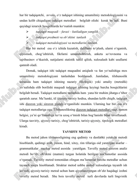 lan bog‘lanishi bilan tavsiflanadi. ularga tasviriy, qiyosiy-tarixiy, chog‘ishtirish, tarixiy-qiyosiy, tipologik metodlari kiradi. tavsifiy metod bu metod jahon tilshunosligining eng qadimiy va dastlabki yetakchi metodi hisoblanib, qadimgi arab, yunon, hind, xitoy, rim tillariga oid yaratilgan asarlar – grammatikalar mazkur metod asosida yaratilgan. tavsifiy metod sinxron analiz metodi bo‘lib, ob’ektni (matnni) turgan holatida berilgan ma’lumotlar asosida o‘rganadi. tavsifiy metod tomonidan olingan ma’lumotlar barcha metodlar uchun tayanch nuqta hisoblanadi. struktur metod ushbu metod xulosalariga tayanib ish ko‘radi, qiyosiy-tarixiy metod uchun ham qiyoslanayotgan ob’ekt haqidagi izohni tavsifiy metod beradi. shu bois tavsifiy metod turli davrlarda turli lingvistik maktablar va yo‘nalishlarga xizmat qilgan. hozir ham boshqa metodlar bilan ish olib borayotgan mutaxassislar turli tillarga oid darslik, qo‘llanmalar, monografik tadqiqotlarni shu metod asosida yaratmoqdalar. tavsifiy metodda tadqiq qilish jarayoni quyidagi 2 bosqichda olib boriladi: i bosqich - komponent tahlil bo‘lib, unda matn gaplarga, gaplar so‘zlarga, so‘zlar morfemalarga, morfemalar esa fonemalarga ajratilib tahlil qilinadi. komponent tahlil metodi …