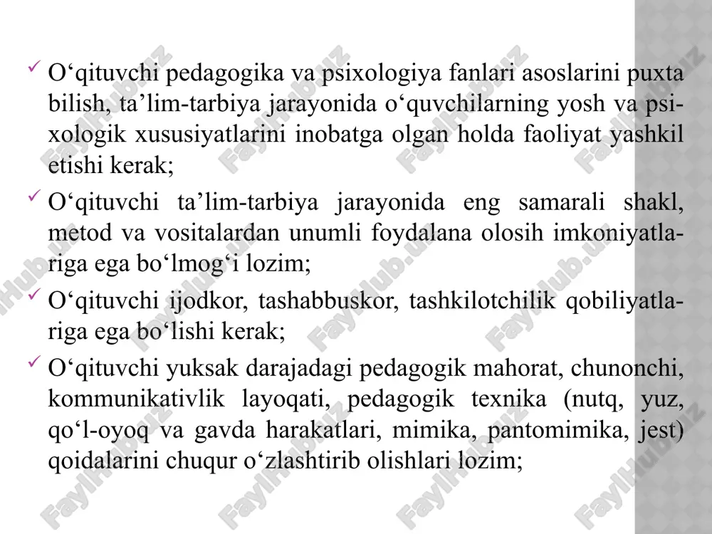 amda “kadrlar tayyorlash milliy dasturi” g‘oyala-rini amalga oshirish jarayonida o‘qituvchi kadrlar muhim rol o‘ynaydilar. komil inson hamda yetuk malakali mutaxassis-lar maxsus tashkil etilgan pedagogik faoliyat jarayonida tarbiyalanar ekan, ushbu jarayonda o‘qituvchilarning o‘rni beqiyosdir. shu bois ularning shaxsida bir qator ijobiy ma’-naviy-axloqiy sifatlar namoyon bo‘la olishi maqsadga muvofiqdir. e’tiboringiz uchun rahmat!!! image1.jpeg image2.png image3.png image4.png image5.png /docprops/thumbnail.jpeg