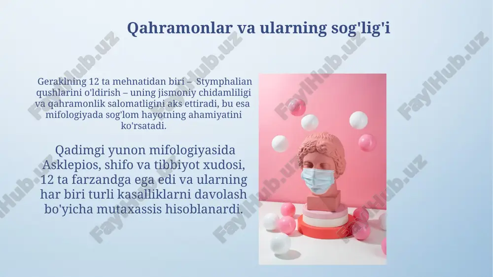 an. shifo beruvchi o'simliklar va hayvonlar gipokrat asarlarida taxminan 15 ta o'simlik va 5 ta hayvon mahsulotlari shifobaxsh maqsadlarda ishlatilishi haqida ma'lumotlar keltirilgan. qadimgi yunon shifokorlari 30 dan ortiq o'simlik turini, jumladan, atamalari galen tomonidan tasvirlangan papaver va mandragora kabi dorivor o'simliklarni qo'llaganlar. epidimiyalar va jazo xudolari ba'zi manbalarda epidemiyalarni yuboruvchi yovuz ruhlar yoki xudolar ham tilga olingan, masalan, qurg'oqchilik va vabo xudosi kabi 3 dan ortiq shaxslar. rim mifologiyasida, salus kabi sog'liqni saqlash xudosi mavjud bo'lsa-da, epidemiyalar ko'pincha xudolar g'azabining natijasi sifatida ko'rilgan va qurbonliklar orqali yarashishga harakat qilingan. e'tiboringiz uchun rahmat @taqdimot_robot image4.png image5.jpg image6.jpg image7.jpg image8.jpg image9.jpg image10.jpg image11.jpg image12.jpg image13.jpg image14.jpg image15.jpg image16.jpg image17.jpg image18.jpg image19.jpg image20.jpg image21.jpg image3.jpeg