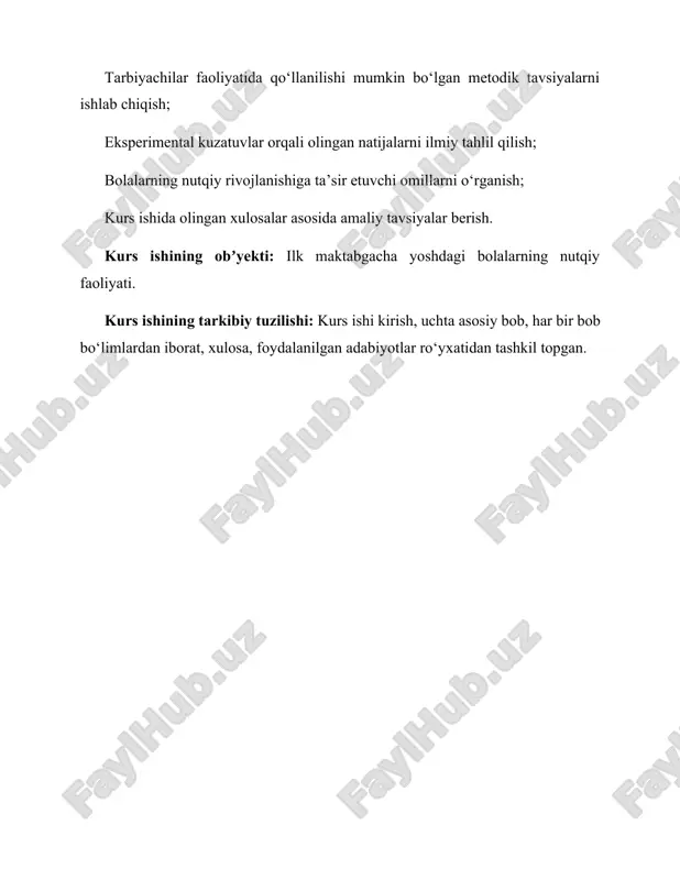 da murojaat qilishi lozim. turdieva m.q. o‘zining “bolalar nutqini rivojlantirish” nomli asarida shunday yozadi: “3 yoshdan 5 yoshgacha bo‘lgan davr bola nutqining shakllanish bosqichi hisoblanadi. bu davrda pedagog tomonidan qo‘llaniladigan nutqiy mashqlar, o‘yinlar va suhbatlar bolaning lug‘at boyligini oshirishda muhim vosita bo‘lib xizmat qiladi” ilk maktabgacha yoshdagi bola nutqining shakllanishida ko‘rish, eshitish, idrok etish kabi psixik jarayonlarning ahamiyati beqiyosdir. bola atrofida bo‘layotgan hodisalarni avval ko‘radi, keyin ularni tahlil qiladi va oxir-oqibat bu boradagi taassurotlarini so‘z bilan ifodalay boshlaydi. bu tabiiy jarayonda o‘yinchoqlar va predmetlarning tutgan o‘rni beqiyosdir. pedagog yo‘ldosheva m.x. aytadi:“bola o‘z nutqini shakllantirish uchun ko‘proq vizual materiallarga tayanadi. o‘yinchoq, rasm, voqea – bularning barchasi bola tasavvurini harakatga keltiradi va og‘zaki nutqni faollashtiradi” masalan, tarbiyachi bolaga quyoncha o‘yinchoqni ko‘rsatib, “bu nima?”, “u nima qilyapti?”, “u qaerda yashaydi?” degan savollarni beradi. bola esa: “bu quyoncha. u yugurayapti. u o‘rmonda yashaydi”, – deya javob qaytaradi. bu jarayon bola tasavvuri, xotirasi va nutqini …