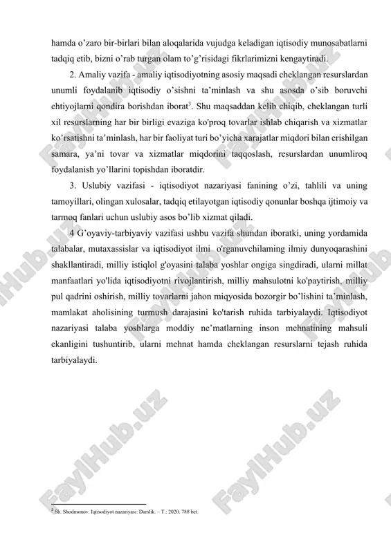 – t.: 2020. 788 bet.] 3. uslubiy vazifasi - iqtisodiyot nazariyasi fanining o’zi, tahlili va uning tamoyillari, olingan xulosalar, tadqiq etilayotgan iqtisodiy qonunlar boshqa ijtimoiy va tarmoq fanlari uchun uslubiy asos bo’lib xizmat qiladi. 4 g’oyaviy-tarbiyaviy vazifasi ushbu vazifa shundan iboratki, uning yordamida talabalar, mutaxassislar va iqtisodiyot ilmi o'rganuvchilaming ilmiy dunyoqarashini shakllantiradi, milliy istiqlol g'oyasini talaba yoshlar ongiga singdiradi, ularni millat manfaatlari yo'lida iqtisodiyotni rivojlantirish, milliy mahsulotni ko'paytirish, milliy pul qadrini oshirish, milliy tovarlarni jahon miqyosida bozorgir bo’lishini ta’minlash, mamlakat aholisining turmush darajasini ko'tarish ruhida tarbiyalaydi. iqtisodiyot nazariyasi talaba yoshlarga moddiy ne’matlarning inson mehnatining mahsuli ekanligini tushuntirib, ularni mehnat hamda cheklangan resurslarni tejash ruhida tarbiyalaydi. 1. iqtisodiyot nazariyasining fan sifatida shakllanishi. “iqtisodiyot nazariyasi” fanining bugungi kundagi ahamiyati yosh avlodda vatan va el-yurt ravnaqi yo’lida fidokorona mehnat hissini, turli mafkuraviy xurujlarga o’z fikri bilan qarshi tura olish qobiliyatini tarbiyalash kabi muhim vazifalarni bajarish orqali tobora oshib bormoqda. “iqtisodiyot nazariyasi” fanining ahamiyati …