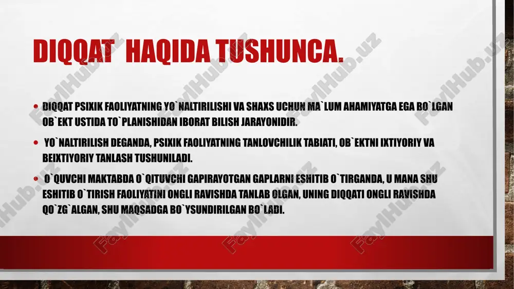 ar uni qanday eshitayotganlarini uchun sinfni kuzatib borishi kerak. diqqatning muhim tomoni uning bir faoliyat turidan boshqa bir faoliyatga tez o`tish qobiliyatidir. diqqatning xususiyatlari diqqatning aksi parishonxotirlikayar. bunda odam diqqatini biror narsaga toʻplay olmay, hamma vaqt boshqa narsalarga chalgʻiyveradi. shunday holat kishi qattiq charchaganda, uning uchun ahamiyatsiz juda koʻp qoʻzgʻatuvchilar mavjudligida yoki, aksincha, bitga ham qoʻzgʻatuvchining odam uchun ahamiyati boʻlmaganda roʻy beradi. mashq qilish bilan parishonxotirlikka barham berish mumkin. diqqatning turlari va xususiyatlari odamning juda yoshlik davridan boshlab rivojlanadi va hayoti davomida oʻzgarib, murakkablashib boradi. diqqatning xossalari foydalanilgan adabiyotlar https://www.elib.buxdu.uz/index.php/pages/referatlar-mustaqil-ish-kurs-ishi/item/14554-diqqat-va-uning-xususiyatlari https://uz.wikipedia.org/wiki/diqqat https://fayllar.org/mavzu-diqqat-va-uning-turlari.html http://reja.tdpu.uz/shaxsiyreja/content/120/html/10216/5.mavzu.diqqat.htm image4.png image5.png image3.jpg