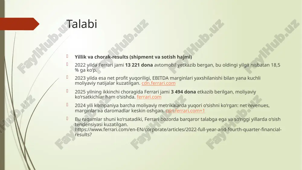 mavjud. shu sababli u narxni mustaqil belgilash imkoniyatiga ega va yuqori foyda oladi. aynan shuning uchun ferrari italiya va yevropadagi eng yirik soliq to‘lovchi kompaniyalardan biri hisoblanadi narxni belgilash usullari ferrari bozorda premium narx siyosatini yuritadi, ya’ni mahsulotlarini yuqori narxda sotadi va chegirmalar (diskont) deyarli qo‘llamaydi. kompaniya uchun narx — bu sifat va brend qadriyatining belgisi. ferrari narxni quyidagi usullar bilan belgilaydi: premium narx – mahsulot noyobligi va sifati uchun yuqori narx qo‘yiladi. bozor segmenti bo‘yicha narx – har bir mamlakatda narx soliq va bojxona sharoitiga qarab belgilanadi. personalizatsiya – har bir mijoz o‘ziga mos dizayn tanlaydi, bu narxni oshiradi. chegirmasiz siyosat – brend qadri pasaymasligi uchun ferrari chegirma bermaydi. korxona qaysi diskriminatsiya usulini qo’llaydi ferrari kompaniyasi o‘z faoliyatida diskriminatsiyani (kamsitishni) qat’iyan taqiqlaydi. u barcha xodimlarga teng imkoniyat, hurmat va xavfsiz ish muhitini ta’minlaydi. siyosat “diversity & inclusion” tamoyillariga asoslangan. 🔹 ferrari diskriminatsiyani oldini olishning 10 ta usuli teng imkoniyat …