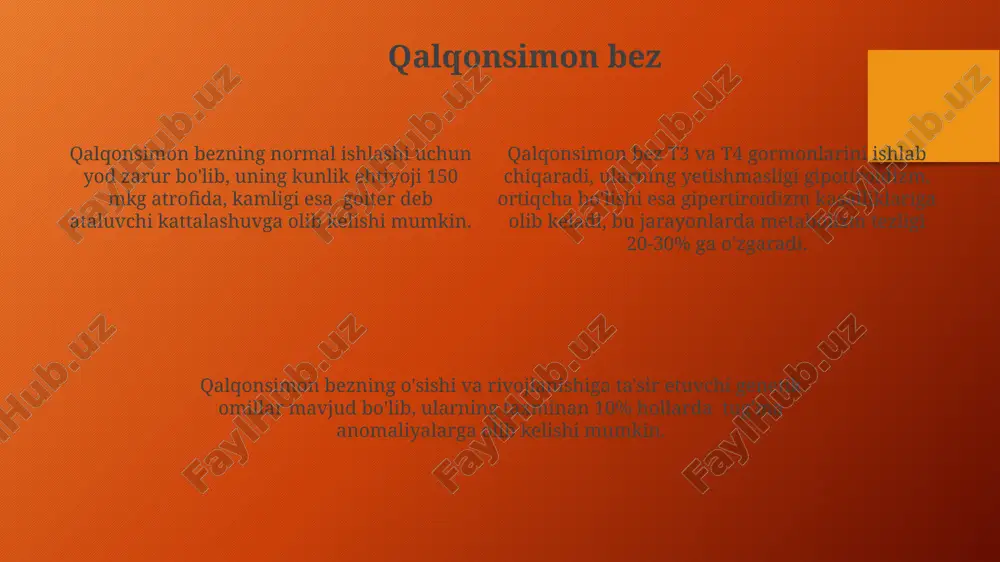 hi mumkin, bu esa avlodlar davomida kasallik xavfini oshiradi. qalqonsimon oldi bezi gormonlari qalqonsimon oldi bezining gormonlari, ayniqsa tsh, metabolizmni, o'sishni va rivojlanishni tartibga soladi, shuningdek, 10 dan ortiq organlarning faoliyatiga ta'sir ko'rsatadi. qalqonsimon oldi bezi, tsh gormonini chiqarish orqali, qalqonsimon bezining faolligini 20% gacha boshqaradi va bu jarayon gipothalamus tomonidan trh gormoni orqali tartibga solinadi. qalqonsimon oldi bezining ikki xil hujayralari, tirotroplar va kortikotropin chiqaruvchi hujayralar, birgalikda 5 dan ortiq turdagi gormonlarni sintez qiladi va ajratadi. erkak jinsiy bezlari gormonlari erkak jinsiy bezlari asosan testosteron, taxminan 7 mg/sutka miqdorida ishlab chiqaradi, va bu androgenlar guruhining asosiy vakili hisoblanadi. erkak jinsiy bezlari testosterondan tashqari, kichik miqdorda estrogenlar va prolaktin kabi boshqa gormonlarni ham sintezlaydi, ularning konsentrasiyasi testosteronga nisbatan ancha past bo'ladi. testosteronning 98% qon plazmasida jinsiy gormonlarni bog'lovchi globulin (shbg) bilan bog'langan holda mavjud bo'ladi, faqat 2% erkin shaklda faol hisoblanadi. ayol jinsiy bezlari gormonlari ayol jinsiy bezlari tomonidan ishlab …