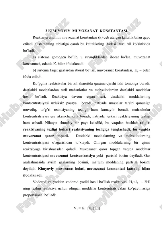 rod yodidning molyar kontsentratsiyasi. vaqt o’tishi bilan v1 kamayib, v2 ortib boradi, muvozanat vaqtida to’g’ri va teskari jarayonlarning tezligi tenglashadi. u holda v1 = v2 bo’lib, sistema kimyoviy muvozanat holatiga keladi. demak, kimyoviy muvozanatda harakat to’xtamaydi, chunki bu holat bir-biriga qarama-qarshi borayotgan ikki jarayon tezliklarining tenglashish holatidir: v1 = v2 bo’lsa [н2 ] [j2] = к2 [нj]2 ёки к1/к2 = (ix. 1 ) bu tenglamada [н2 ], [j2] va [нj] – reaktsiyada ishtirok etayotgan moddalarning muvozanat kontsentratsiyasi (ya‘ni н2 va j2 ning reaktsiyaga kirishmay qolgan kontsentratsiyalari bo’lsa, нj ning muvozanat qaror topganida hosil bo’lgan kontsentratsiyasidir). quyidagi ifoda qiymati muvozanat konstantasi nomi bilan yuritiladi. demak, н2+j2 ( 2нj muvozanatining konstantasi: км = bilan ifodalanib, bu tenglama ayni sistema uchun masalalar ta‘siri qonunini aks ettiradi. agar sistemada аа+вв ( сс+дд tenglamasi bilan tasvirlanadigan muvozanat holati qaror topsa, uning konstantasi: km = (ix. 2) tenglama bilan ifodalanadi. bu ifoda massalar ta‘siri qonunining umumiy …