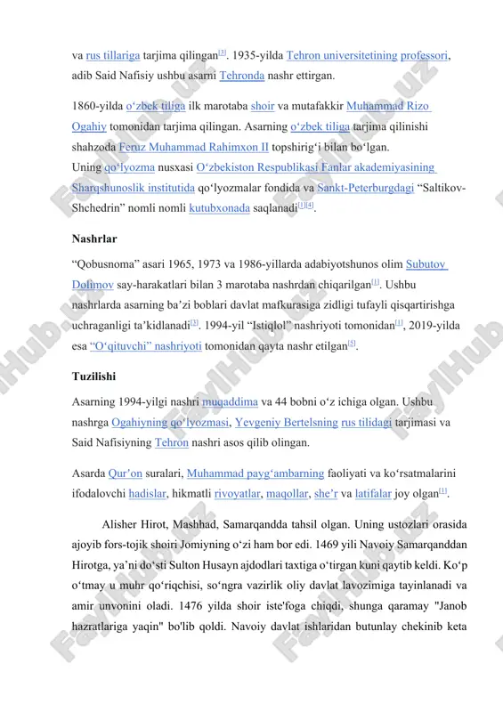 rning, har qanday mamlakatning butun turklar faqat men tomonidan zabt etildi ... qaerda turk bo'lsa, turkiy so'zlar bayrog'i ostida u har doim ko'ngilli bo'lishga tayyor. va bu qayg'u va ajralish hikoyasi, tasvir: alisher navoiyning muhammad muzohib miniatyurasi portreti (xv asr) ma’naviy ehtiroslar va yuksak azoblarga qaramay, turkiy tilda yo‘lga chiqdim. (l. penkovskiy tarjimasi) xuddi shu fikrni u o‘zining “ikki til bahsi” (1499) nomli ajoyib risolasida nasrida shunday ifodalagan: “turkiy tilning boyligi ko‘p faktlar bilan isbotlangan. xalq orasidan yetishib chiqqan iste’dodli shoirlar o‘z imkoniyatlarini forsiyda namoyon etmasligi kerak. agar ular har ikki tilda ham she’r yarata olsalar, o‘zlari ham ko‘proq she’r yozishga loyiqdir”. va yana: “menimcha, men turkiy xalqning munosib xalqi oldida buyuk bir haqiqatni tasdiqladim va ular o‘z so‘z va ifodalarining asl qudratini, tili va so‘zining go‘zal fazilatlarini anglab, forsiyda she’r yaratuvchilarning o‘z tili va nutqiga nisbatan kamsituvchi hujumlaridan xalos bo‘ldilar”. alisher navoiyning butun she’riy faoliyati ona tili va adabiyotini …