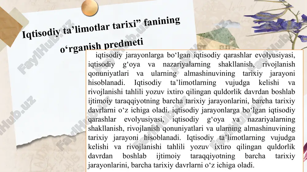 da mehnatni tenglashtirish shaklida yuzaga chiqishi, ya’ni tovarda gavdalangan mehnatning miqdori va uning nafliligining hisobga olinishi ham ta’kidangan. iqtisodiy ta’limotlar tarixi fani manba jihatidan ilmiy davrlash iqtisodchilarning tadqiqotlaridagi asosiy bosh g’oya - jamiyat, insoniyat, ayrim shaxslarning boyligi masalasidir. merkantilizm fiziokratizm marjinalizm sotsialistik merkantilizm xv-xvii asrlarda (qisman xviii asr boshlarida) yangi iqtisodiy ta’limot -merkantilizm vujudga keldi. merkantilizm to’g’risida qisqa ma’lumot beradigan bo’lsak, jamiyatning boyligi puldan oltindan iborat bo’lib, u savdoda paydo bo’ladi va ko’payadi. merkantilizm italyancha so’zdan olingan bo’lib, “mercante” - savdogar degan manosini bildiradi. bu iqtisodiy ta’limot ichida fiziokratizm ham vujudga keldiki, uning umri uncha uzoq bo’lmadi jamiyatning boyligi qishloq xo’jaligida vujudga keladi. . fiziokratizm klassik maktab g’oyalari hozirgi davrda ham turli shakllarda qayta namoyon bo’lmoqda (neoklassik, liberal, neoliberal...). klassik siyosiy iqtisod - boylik faqat qishloq xo‗jaligida emas, balki sanoat, transport, qurilish va boshqa sohalarda ham yaratilishini isbotlab berdi. petti (1623-1686) boylikning manbai yer va mehnat ekanligini e‘tirof etgan. «mehnat …