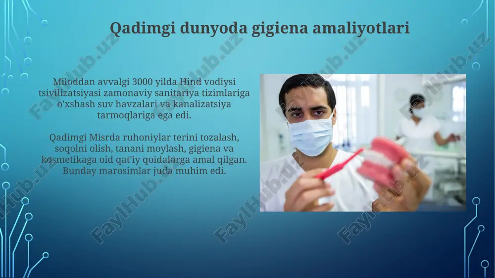 ki bosqichi edi. o'zbekistonda gigiena bo'yicha asosiy qonunlar va me'yoriy hujjatlar “oziq-ovqat mahsulotlarining sifati va xavfsizligi to'g'risida”gi qonun (1997-yil, 26-dekabr) oziq-ovqat mahsulotlariga qo'yiladigan gigiyenik talablarni belgilab, aholi salomatligini himoya qilishga qaratilgan. “sanitariya-epidemiologik osoyishtalik to'g'risida”gi qonun (2015-yil, 4-sentabr) sanitariya qoidalarini, normalarini va gigiyenik normativlarni belgilaydi, ularga rioya etilishi majburiy hisoblanadi. e'tiboringiz uchun rahmat @taqdimot_robot image4.jpg image5.jpg image6.jpg image7.jpg image8.jpg image9.jpg image10.jpg image11.jpg image12.jpg image13.jpg image14.jpg image15.jpg image16.jpg image17.jpg image18.jpg image1.png