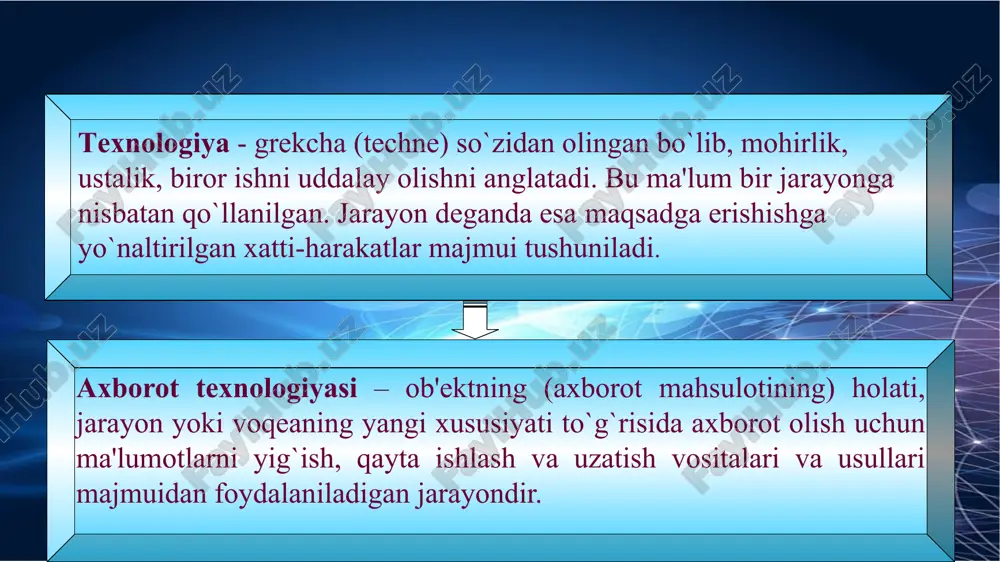 soniyada takt chastotasi 2 (ггц)  1 takt = 510-10 s razryadliligi bitlar soni, 1 ta operatsiyaga protsessor ishlov beradigan jarayon (8, 16, 32, 64, …) tizim shina chastotasi xotira va tashqi qurilmalar bilan ma'lumot almashish chastotasi (1000 mgs gacha) kesh-xotira xajmi 1 yadroga 2 мb gacha shina chastotasi 800 мгц 14 xotira birlamchi ichki xotira ikkilamchi tashqi xotira flesh xotira cd/dvd cd qattiq disk magnit lenta kesh ram rom kompyuterning xotira turlari 16 xotira xususiyatlari hajmi (hajmi) ramning hajmi (hajmi): 4 gbaytgacha (nazariy jihatdan - ko'proq) qattiq disklar: 1 tbgacha ishlash (kirish vaqti) ma'lumotlarning minimal qismini o'qish va yozish uchun vaqt (ram: <10 ns, qattiq disklar: taxminan 4 ms) razryadliligi 1 ta operatsiyada o'qiladigan yoki yozilgan bitlar soni (8, 16, 32, 64, ...) kirish istalgan vaqtda - istalgan vaqtda istalgan ma'lumotlar uzatilishi mumkin (ram, qattiq disk, flesh-xotira) ketma-ketlikda - ma'lumotlar faqat ma'lum bir ketma-ketlikda (magnit lenta) uzatilishi mumkin 16 …