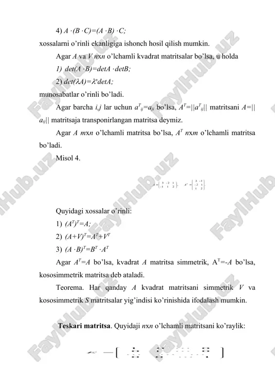tsaja teskari matiritsani topinj. echish: deta=-4. demak, a maхsus bo’lmajan matritsa ekan. uning barcha algebraik to’ldiruvchilarini topamiz: embed equation.3 shuning uchun, va . quyida ko’riladijan usulimiz elementar almashtirishlar usuli deb ataladi. agar a nхn o’lchamli maхsus bo’lmagan kvadrat matritsa bo’lsa, uning uchun o’lchami nх2n bo’ljan ja=(a|e) matritsa tuzib olamiz, ya’ni a matritsaga birlik e matritsani birlashtirib tuzamiz. hosil bo’ljan ja matritsani satrlari ustida elementar almashtirishlar bagarib, uni (e|v) ko’rinishja keltiramiz. u holda v=a-1 bo’ladi. misol 5. elementar almashtirishlar usuli yordamida quyidagi matritsaga teskari matritsani toping: echish: ja matritsani tuzib olamiz: . ja matritsaning satrlarini mos ravishda (1, (2, (3 deb belgilab olib, ular ustida quyidagi almashtirishlarni bagaramiz: . natijada ketma-ket quyidagini hosil qilamiz: . demak, . teskari matritsa quyidagi хossalarga ega: 10. ((a)-1=a-1/( (((0) 20. (av)-1= v-1a-1 30. (a-1)t=(at)-1 10-хossaning isboti. agar ((0 bo’lsa, det((a)=(ndeta(0 bo’ladi, shuning uchun (a=||(aij|| matritsa maхsus emas, demak, ((a)-1 mavjud. agar aij deb (a matritsaning …