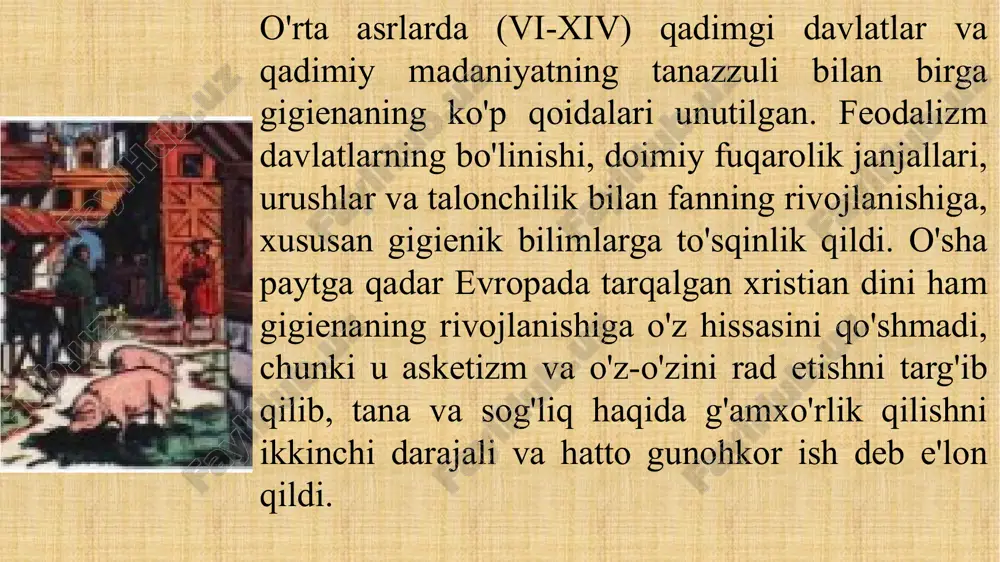 ida elementlarini (suv, havo, oziq -ovqat, tuproq) o'rganishga bag'ishlangan ko'p sonli uslubiy ishlari gigienani inson hayotining dolzarb ehtiyojlarini qondiradigan aniq fan va sanitariya amaliyotiga aylantirdi. 1865 yilda pettenkofer myunxen universiteti tibbiyot fakultetida tibbiyot tarixida birinchi gigiena bo'limini tashkil qildi. lui paster (18221895), robert kox (1843-1910), karl voyt (1831-1908), uilbur atuoter (1844-1907), maks rubner (1854-1932) kabi taniqli olimlar, mikrobiologlar, fiziologlar va gigienistlarning faoliyati. va boshqalar. ularning mikrobiologiya sohasidagi kashfiyotlari (l. paster, r. kox), ovqatlanishning sifat va miqdoriy jihatlarini, oziq -ovqat kaloriya tarkibini me'yorlashtirish (k. voit), energiya almashinuvi va ozuqa moddalarining transformatsiyasi (v. atuoter, m. . rubner) profilaktik tibbiy fan sifatida gigienaning ilmiy asosini yaratdi. keyinchalik g'arbda gigiena asosan epidemiologiya va sanitariya-texnik yo'nalishlarda rivojlandi va ko'p jihatdan ijtimoiy ahamiyatini yo'qotdi. rossiyada gigiena haqidagi empirik bilimlarning asoslari ancha oldin paydo bo'lgan - kiev va novgorod rusida. "domostroy" rus farovon oilasining hayoti haqidagi risolada poklik va poklikka, ayniqsa, oziq -ovqat mahsulotlari bilan ishlashga katta …