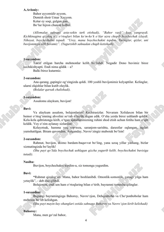iydi navro‘z. z.x.furqat: fasli navbahor o‘ldi, ketibon zimistonlar, do‘stlar, g‘animatdur, sayr eting gulistonlar. subhidam tushib shabnam, bo‘ldi sabzalar xurram, gul uza tomib kam-kam, yog‘di abri naysonlar! a.avloniy: bahor ayyomidir ayyom, demish shoir umar xayyom. ketur ey soqi, gulgun jom, bo‘lur hijron chunon bulbul. (allomalar sahnani asta-sekin tark etishadi), “bahor vasli” kuyi yangraydi. kichkinagina qizaloq o‘z o‘rtoqlari bilan ko‘m-ko‘k o‘tlar uzra chopib boychechak izlaydi. nihoyat, boychechakni topadi. “urey, mana boychechakni topdim. yuringlar, qizlar, uni buvijonimga olib boramiz”. (yugurishib sahnadan chiqib ketishadi). 1-suxandon: taklif etilgan barcha mehmonlar kelib bo‘lishdi. negadir dono buvimiz biroz kechikishyapti. endi nima qildik – a? balki biroz kutarmiz. 2-suxandon: ana qarang, gapingiz og‘zingizda qoldi. 100 yoshli buvijonimiz kelyaptilar. kelinglar, ularni olqishlar bilan kutib olaylik. (bolalar qarsak chalishadi). 1-suxandon: assalomu alaykum, buvijon! buvi: va alaykum assalom, bolajonlarim! kechirasizlar. nevaram xolidaxon bilan bir bemor o‘rtog‘imning ahvolini so‘rab o‘taylik degan edik. o‘sha yerda biroz ushlanib qoldik. kela-kela qabristonga kirib, o‘tgan ajdodlarimizning …