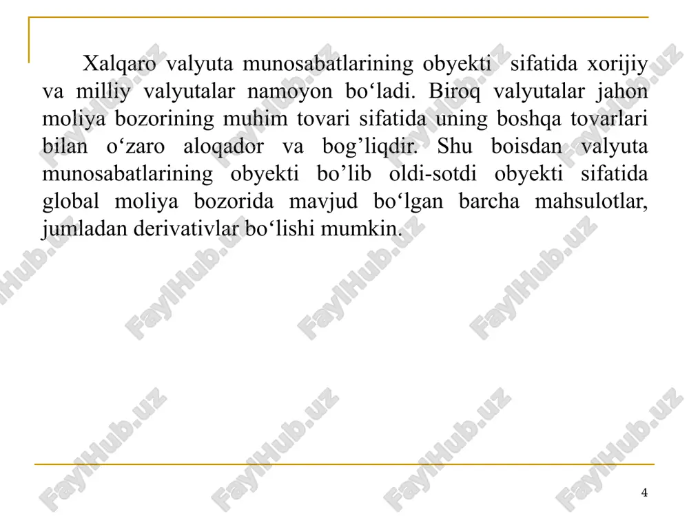 ing operatsiyalardagi ulushi (%da) * примечание: usd – американский доллар, eur –евро, jpy – японская йена, gbp-английский фунт стерлингов, aud – австралийский доллар, chf – швейцарский франк, cad - канадский доллар, mxn – мексиканское песо, cny – юань – ренминби, nzd – новозеландский доллар, sek – шведская крона, rub – российский рубль, otn - другие валюты. triennial central bank survey: foreign exchange exchange and derivatives market activity in 2022 / bank for international settlements. september, 2022. ikkinchidan, bank qisqa muddatli kreditlariga valyuta spekulyantlarining yuqori talabi foiz stavkalari darajasini oshiradi, bu esa mahsulot ishlab chiqaruvchilar uchun kredit olishga boʻlgan imkoniyatni pasaytiradi. uchinchidan, spekulyativ kapitallar nafaqat iqtisodiyotni beqarorlashtiradi, balki valyuta kurslari dinamikasida ham noaniqlikni yuzaga keltiradi. bu holat, valyuta kurslarining keskin tebranishiga va natijada milliy iqtisodiyotda inqirozli holatlarning yuzaga kelishiga sabab boʻladi. shuning uchun xalqaro valyuta munosabatlari xalqaro iqtisodiy munosabatlarning yuqori daromadli va harakatchan sohasini oʻzida ifodalaydi, shu bilan birgalikda yuqori riskli …