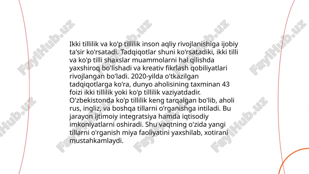 0%, chet tillarini, xususan ingliz, rus va frantsuz tillarini ko'proq o'rganishadi. ijtimoiy-iqtisodiy maqomi past bo'lgan guruhlar ko'proq o'zbek tilidan foydalanadi, taxminan 75%. shuningdek, shahar hududlarida tildan foydalanish ko'rsatkichlari yuqori. bu omillar tildan foydalanishdagi ijtimoiy cheklovlar va imkoniyatlar haqida ma’lumot beradi. ... t.me/slaydai_bot 10. etnik guruhlar va til o'zbekiston ko'p millatli davlat bo'lib, unda 130 dan ortiq etnik guruhlar yashaydi. eng katta etnik guruh o'zbeklar bo'lib, ular umumiy aholining 84,5% ini tashkil qiladi. shuningdek, ruslar 2,1%, tojiklar 4,8%, qozoqlar 2,5%, va qorakalpoklar 2,2% ni tashkil qiladi. rasmiy davlat tili o'zbek tili hisoblanadi. biroq, mamlakatda rus tili ham keng tarqalgan va ba'zida rasmiy ishlarda qo'llaniladi. tajikiston va qozog'iston bilan chegaradosh hududlarda tojik va qozoq tillari ham uchraydi. har qanday millat o'z tili va madaniyatini saqlashga huquqiga ega, bu mamlakatdagi til va madaniy rang-baranglikni ta'minlaydi. ... t.me/slaydai_bot kod switching yoki kod oʻzgartirish, koʻp tilli shaxslarning muloqotda bir nechta tildan foydalanishi jarayonidir. bu hodisa …