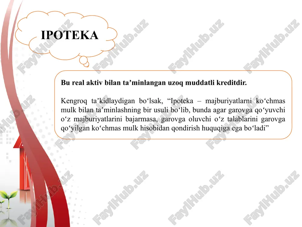 dagi nizomni tasdiqlash haqida” gi 2-sonli qaroriga asosan tartibga solinadi. ipoteka krediti uchun berilgan xalqaro va xorijiy moliya institutlari mablagʻlari hisobiga tijorat banki tomonidan beriladigan ipoteka krediti miqdori ushbu mablagʻlarni berish toʻgʻrisida tijorat banki va koʻrsatib oʻtilgan moliya institutlari oʻrtasida tuzilgan tegishli shartnomalar shartlaridan kelib chiqqan holda belgilanadi. ariza beruvchi tijorat banklarining oʻz mablagʻlari va jalb etilgan mablagʻlari hisobiga ipoteka krediti olish uchun: - quriladigan, sotib olinadigan uy-joy yoki koʻp kvartirali uydagi kvartira qiymatining; - uy-joyni rekonstruksiya qilish qiymatining kamida 25 foizi miqdoridagi oʻz mablagʻiga ega boʻlishi kerak. ushbu mablagʻlar ariza beruvchining nomiga bankda ochilgan jamgʻarma omonat hisob raqamida milliy yoki chet el valyutasida mavjud boʻlishi, shuningdek qurilayotgan uy-joy smeta qiymatining yoki rekonstruksiya qilish qiymatining 25 foizidan kam boʻlmagan miqdorda ariza beruvchi tomonidan oʻz mablagʻlari hisobiga sotib olingan qurilish materiallari tarzida boʻlishi mumkin. e’tiboringiz uchun raxmat image2.jpeg image3.jpeg image4.jpeg image5.png image6.png image1.png /docprops/thumbnail.jpeg