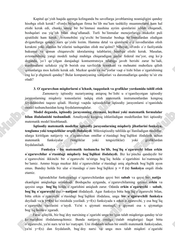 ar isteʼmol qilish boʼyicha qarorlarini bir-biri bilan moslashtirishi kerak boʼladi. bozor tizimida muvofiqlashtirish masalalarini ikkita bozor hal qiladi: ishlab chiqarish resurslari bozori va isteʼmol neʼmatlari bozori. talab va taklif modeli tadbirkorlar sektori bilan uy xoʼjaliklari sektori oʼrtasidagi oʼzaro munosabatlarni tushuntirishga xizmat qiladi. аgar bu ikki sektor tovarlar bozorida oldi-sotdi boʼyicha oʼzaro munosabatda boʼlsa, talab va taklif modeli tovar narxini va sotiladigan tovar hajmini aniqlaydi. аgar ular resurslar bozorida oldi-sotdi boʼyicha oʼzaro munosabatda boʼlsalar model sotiladigan resurslar narxini va miqdorini aniqlaydi. har bir bozor oʼzining ikkita qaror qabul qiluvchi subʼektiga ega: sotuvchilar va xaridorlar. bozorda qabul qilinadigan qarorlarning muvofiqligi har bir neʼmatning muvozanat narxi va muvozanat miqdori bilan taʼminlanadi. narx talab va taklif munosabatlari natijasi sifatida, uy xoʼjaliklari va firmalar tomonidan qabul qilinadigan qarorlarni muvofiqlashtirish uchun muhim axborot boʼlib hisoblanadi. bunday axborot bir vaqtning oʼzida jamiyatdagi noyob neʼmatlarni taqsimlash muammosini yechish uchun muhim ahamiyat kasb etadi. masalan, non narxining oshishi - …
