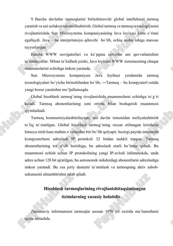 di. birinchi navbatda, bu tarmoqdagi katalog va fayllarni himoya qilishni tashkil etish bo`lib, bu jamoa ishidagi ayrim ajratilgan resurslariga (qattiq magnit disk, printer, plotter) kirishga ruxsat olish tizimidan iboratdir. zamonaviy ishlab chiqarish, axborotlarni yuqori tezlikda ularni qayta ishlash, saqlash, uzatish usullarini qulayligini va mamlakat iqtisodiyotidagi iqtisodiyotni boshqarishda katta jamoani ishtirok etishini talab etadi. bunday jamoalar shaharning turli tumanlarida, regionlarida joylashgan bo`lishi mumkin. boshqaruv vazifalarni echishda, aktual tezlik, axborotlarni almashtirish qulayligi, shuningdek boshqarish vazifalarini qayta ishlash jarayonlarda barcha ishtirok etuvchilarni o`zaro chambarchas aloqasini o`rnatish lozim. bu maqsadga muvofiq ma`lumotlarni markazlashtirgan qayta ishlash maqsadga muvofiq bo`lmay qoldi. shuning uchun hisoblash tarmoqlari barpo etilishi, axborotlarni tezkorlik bilan qayta ishlanishi, ularni to`liq saqlash, uzatish jarayonlarini operativ, to`liq, aniqlik darajasida etkazishni amalga oshiradi. kichik ehm, mikro ehm va shaxsiy kompyuterlarning barpo etilishi ma`lumotlarni qayta ishlash tizimlarini tashkil etishga, yangi informatsion texnologiyalarni barpo etishga olib keldi. markazlashtirilgan tizimlardagi ehm larga taqsimlangan ma`lumotlarni qayta ishlashga o`tkazish mantiqan …