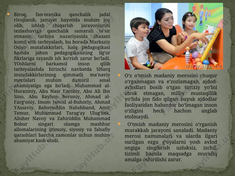 m o‘rin tutuvchi ma’naviy va ahlohiy poklik, iymon, insof, diyonat, or-nomus, mehr-oqibat, keksalarga hurmat singari insoniy fazilatlar o‘z-o‘zidan shakllanmaydi. barchasining asosida yosh avlodga oila, umumiy o‘rta, o‘rta maxsus, kasb-hunar hamda oliy ta’lim tizimida amalga oshirilayotgan ta’lim-tarbiya mazmuni, g‘oyaviy yo‘nalishi va samarasi yotadi. o‘sib kelayotgan yosh avlodning zamon talablariga mos, barkamol inson bo‘lib shakllanishlari uchun ijtimoiy tarbiyaning muhim tarkibiy qismlari – aqliy, ma’naviy-axloqiy, jismoniy, mehnat, estetik, huquqiy, ekologik, iqtisodiy hamda jinsiy tarbiyani tashkil etishga nisbatan yangicha nuqtai nazardan yondashish, ularning samarali yo‘llarini ishlab chiqish alohida dolzarblik kasb etadi. bu esa tarbiyadagi eng muhim vazifalardir. tarbiya mazmuni. aqliy tarbiya – shaxsga tabiat va jamiyat taraqqiyoti to‘g‘risidagi bilim asoslarini berish, uning aqliy (bilish) qobiliyati, tafakkurini shakllantirishga yo‘naltirilgan pedagogik faoliyat jarayoni bo‘lib, shaxs tomonidan tabiat, jamiyat, shuningdek, inson tafakkuri haqidagi bilimlarni o‘zlashtirish, unda ilmiy dunyoqarashni shakllantiradi. aqliy tarbiya yuksak ma’naviy va axloqiy sifatlarga ega shaxsni tarbiyalashda etakchi o‘rin tutadi. bilimlar tizimini ongli ravishda o‘zlashtirish …