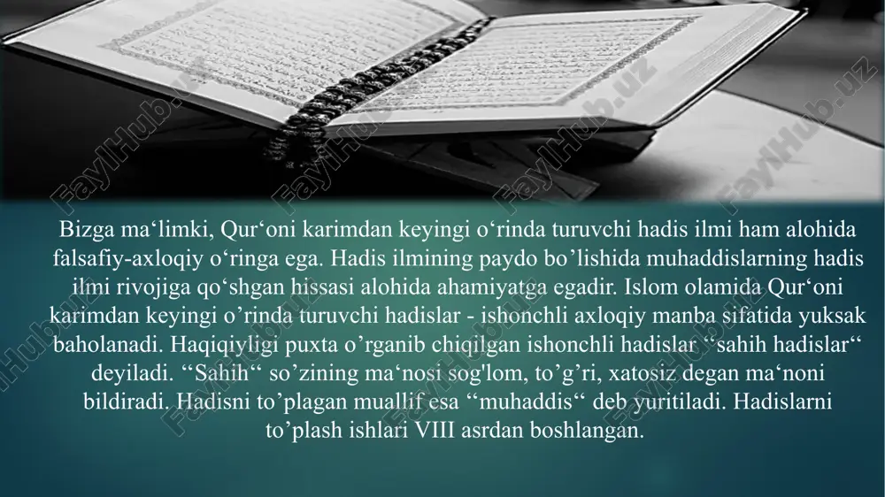 ularning hammasi g‘ayri islomiy, g‘ayri insoniy, g‘ayri axloqiy, g‘ayri qonuniy illatlar sifatida qoralanadi. qur‘onning aksariyat suralari va oyatlarida insonlarning bilim olishi, ma‘rifatli bo‘lishi qayta-qayta uqtirilgan, bilimlilar bilan bilimsizlarni tenglashtirib bo‘lmasligi aytilgan. «alaq» surasining uchinchi-beshinchi oyatlarida, «o‘qing! sizning parvardigoringiz (insoniyatga) qalamni (ya‘ni qalamni, xatni) o‘rgatgan o‘ta karamli zotdir. u zot insonga uning bilmagan narsalarini o‘rgatadi», deyilgan. qur‘onda «ilm» so‘zi turli hollarda bir necha marta takrorlangan. ana shuning o‘zi ham ilm, madaniyat, ma‘naviyat, ma‘rifat haqidagi g‘oyalar qur‘oni karimning butun ruhi, mazmuni, mag‘izmag‘izigacha chuqur singdirib yuborilganligini ko‘rsatadi. qur‘onda ilk nozil bo‘lgan oyat ham «iqro», ya‘ni «o‘qi» so‘zidir. e'tiboringiz uchun rahmat image6.jpeg image7.jpeg image8.png image9.png image10.png image11.jpg image12.png image13.svg image14.jpeg image15.png image16.svg image17.png image2.png image3.png image4.png image5.png /docprops/thumbnail.jpeg