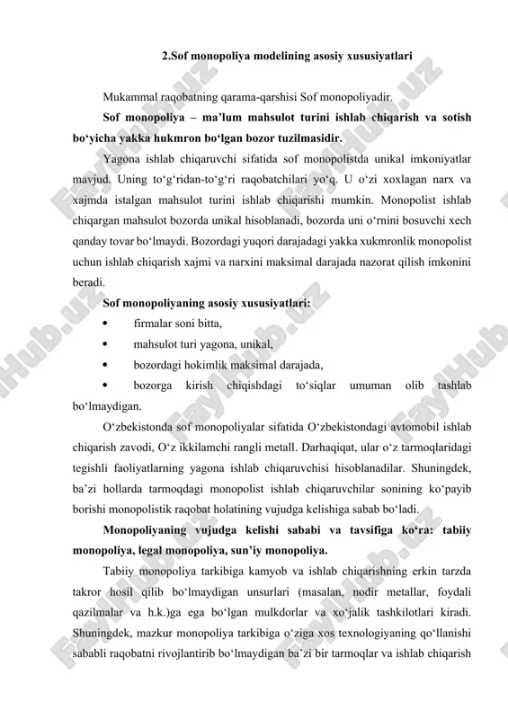 vlatning nazorati va boshqaruviga bo‘ysunadilar. o‘zbekistonda tabiiy monopoliyalar sifatida «o‘zbekiston havo yo‘llari» dak, «o‘zbekiston temir yo‘llari» dak, “o‘zbekneftegaz” holding kompaniyasi, “o‘zbekenergiya” dak misol keltirish mumkin. tabiiy monopoliya – korxonaning texnologik xususiyatlari sababli mahsulotga bo‘lgan talabni qondirish, raqobat mavjud bo‘lmagan sharoitda samaraliroq amalga oshiriluvchi tovar bozorining holati. bunday samaradorlik ishlab chiqarish hajmining ko‘payib borishi bilan tovar birligiga to‘g‘ri keluvchi xo‘jalik xarajatlarining ahamiyatli darajada pasayib borishida namoyon bo‘ladi. shu bilan birga, tabiiy monopoliya subyektlari tomonidan ishlab chiqarilgan mahsulotlar iste’molini boshqa turdagi mahsulotlar bilan almashtirib bo‘lmaydi. legal (qonuniy) monopoliya – bu qonuniy tarzda tashkil etiluvchi monopolistik holat. ular tarkibiga raqobatdan himoya qiluvchi quyidagi monopoliya shakllarini kiritish mumkin: 1) patent tizimi – bu ixtirochi va mualliflar tomonidan yaratilgan ixtirolar, foydali modellar, sanoat namunalarini tasdiqlovchi hamda ularga mutlaq huquqni taqdim etish tizimi. bu jarayon maxsus guvohnomalar – patentlar orqali amalga oshiriladi; 2) mualliflik huquqi – ilmiy, badiiy va san’at asarlari, ijro san’ati fonogrammalari, ko‘rsatuvlar, efir …
